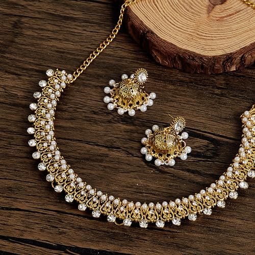 Jhumka-Indian-Jewelry-Sets-for-Women-Kundan-Necklace-Choker Chain Earrings Gold Rhinestones Chain Earrings Oxidized Indian Jewelry Set3