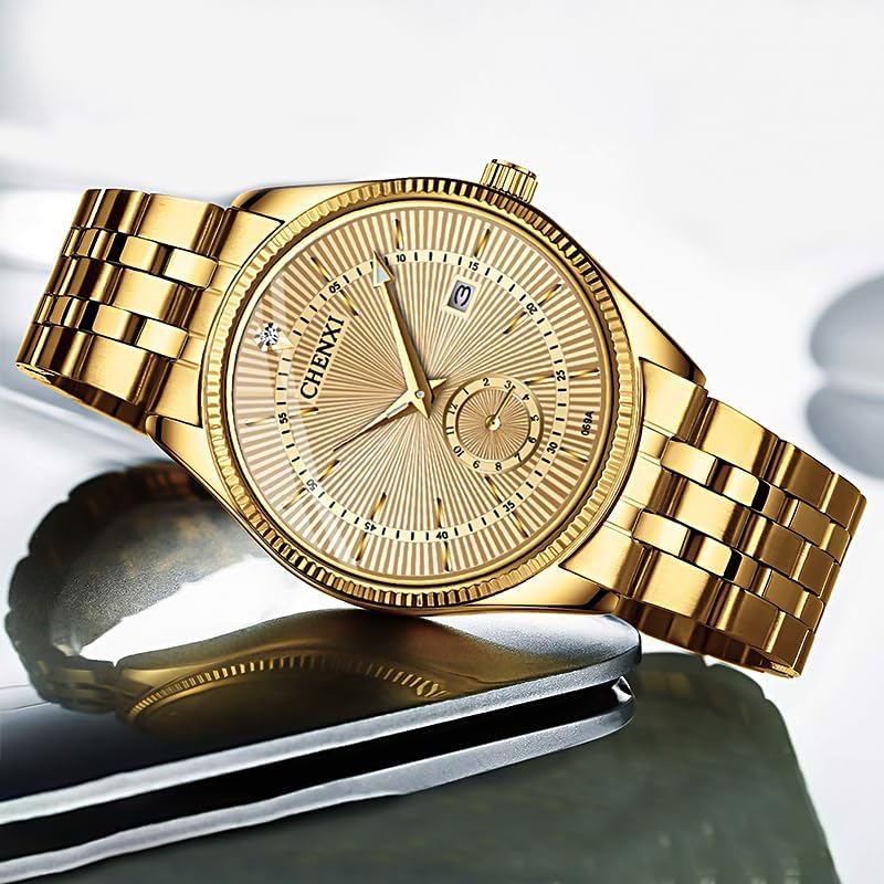 FANMIS Men's Luxury Analog Quartz Gold Wrist Watches Business Stainless Steel Band Dress Wrist Watch Classic Calendar Date Window 3ATM Water Resistant - Image 6