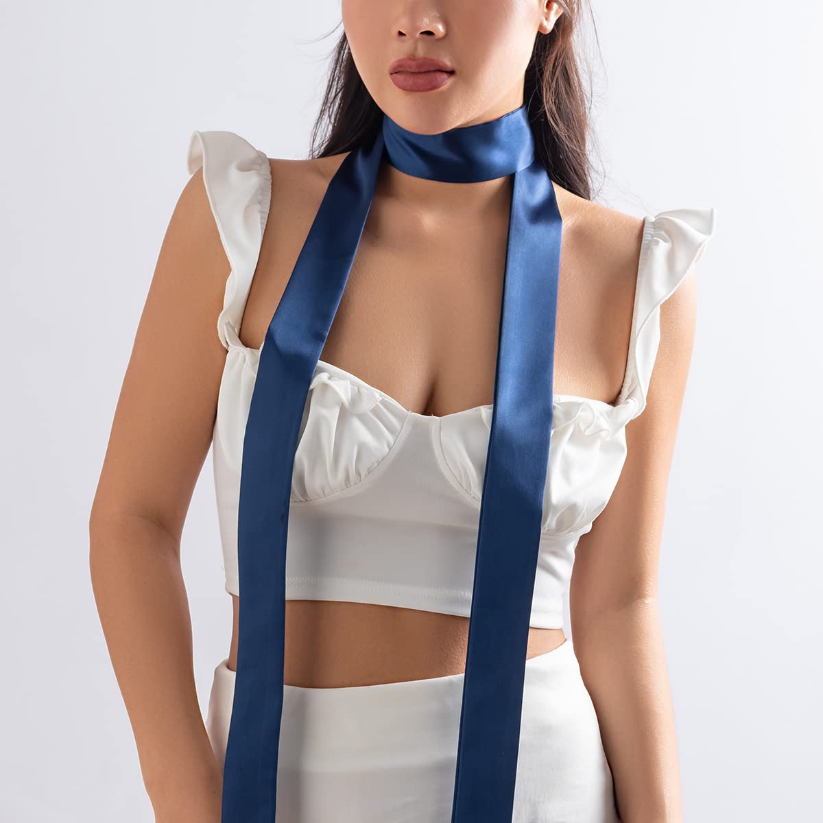 RannyrenaVintage Silk Satin Long Choker Necklace Wide Soft Wrap Tie Necklace with Flower Elegant Bow-knot Collar Necklace for Women (Blue)