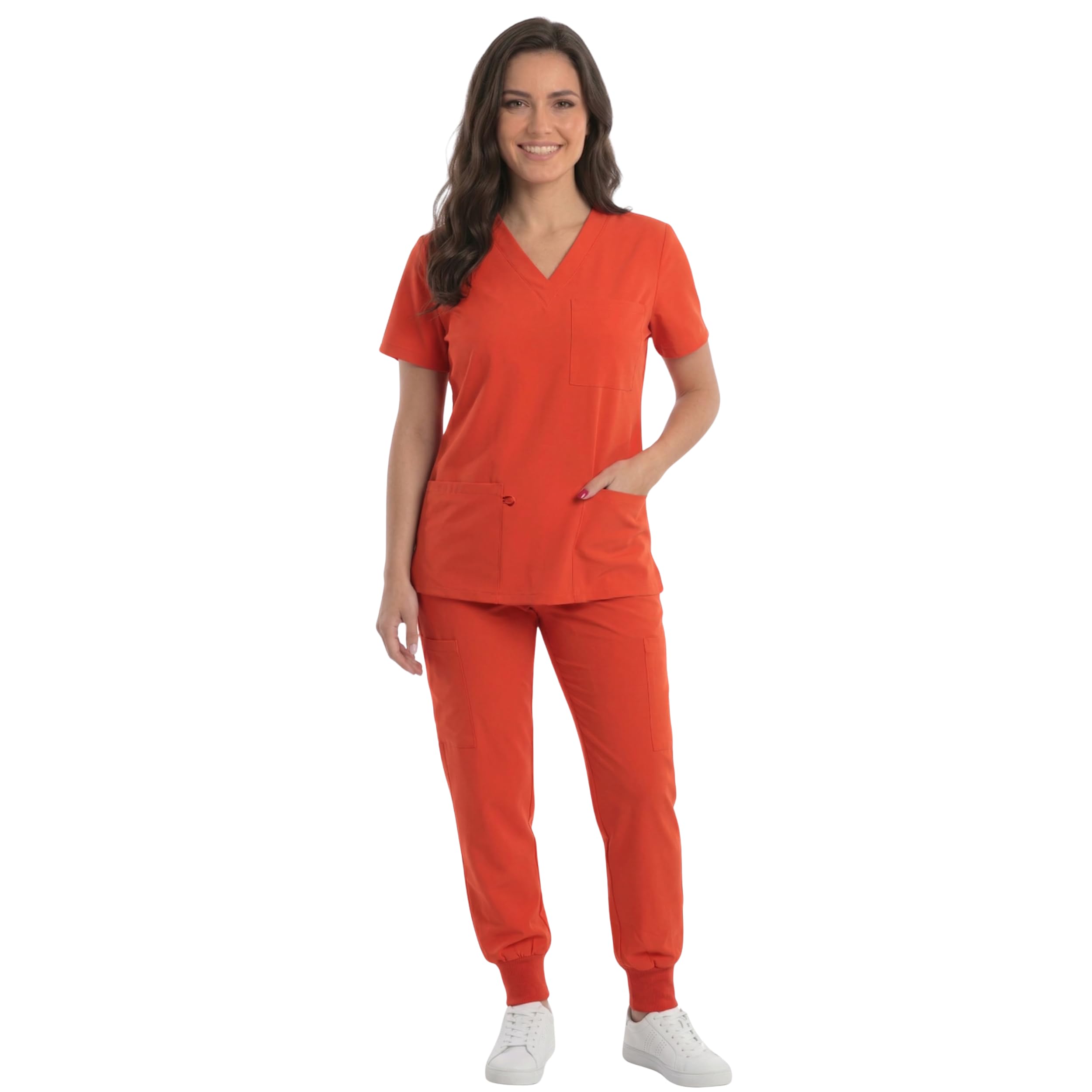 Just Love Women's V-Neck Scrub Set, Orange Stretch Fabric, Large