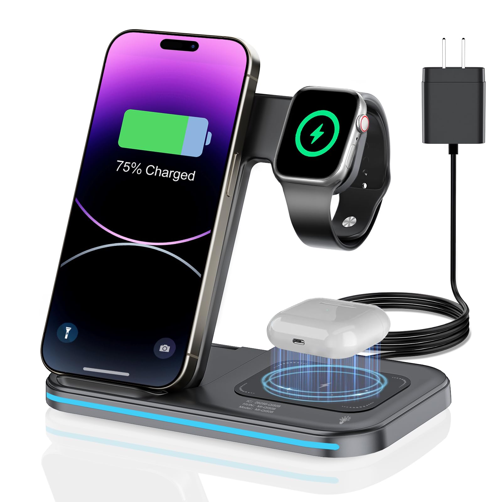 Charging Station,Wireless Charger, 3 in 1 Foldable Charger Stand Dock, Wireless Charging Station for Multiple Devices, Compatible with lPhone 17/16/15/14/13 Pro Max Airpods Watch