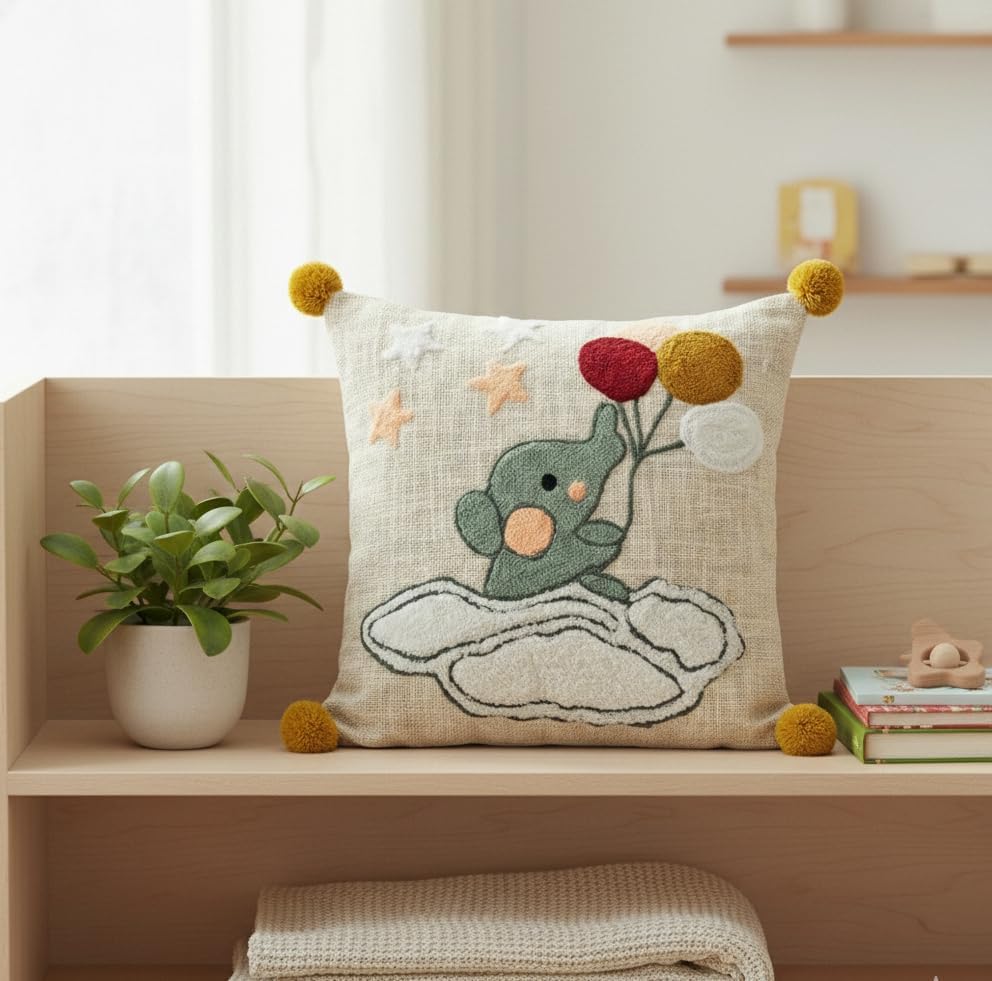 Image of Cotton Fabric Embroidered Kids Cushion Cover Covers for Sofa Set /Diwan Beds 16 x 16 Inches or 40x40 cms Elephant Cushion, Sofa Throw Pillow Cover Only, Set of 1 Pc