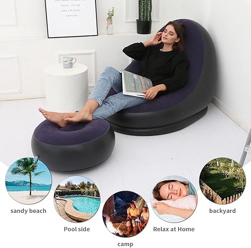 Miniatura 6 de STARBRILLIANT Silla inflable para sala de estar con taburete para pies de descanso, tumbonas plegables para interiores con bomba de aire, silla de