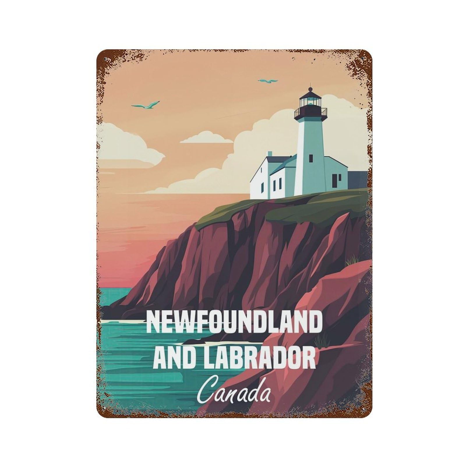 Vintage Rust Metal Sign with Newfoundland & Labrador Lighthouse Design 15.7"x11.8", for Farmhouse, Kitchen And Entryway Decor, Novelty Wall Decor