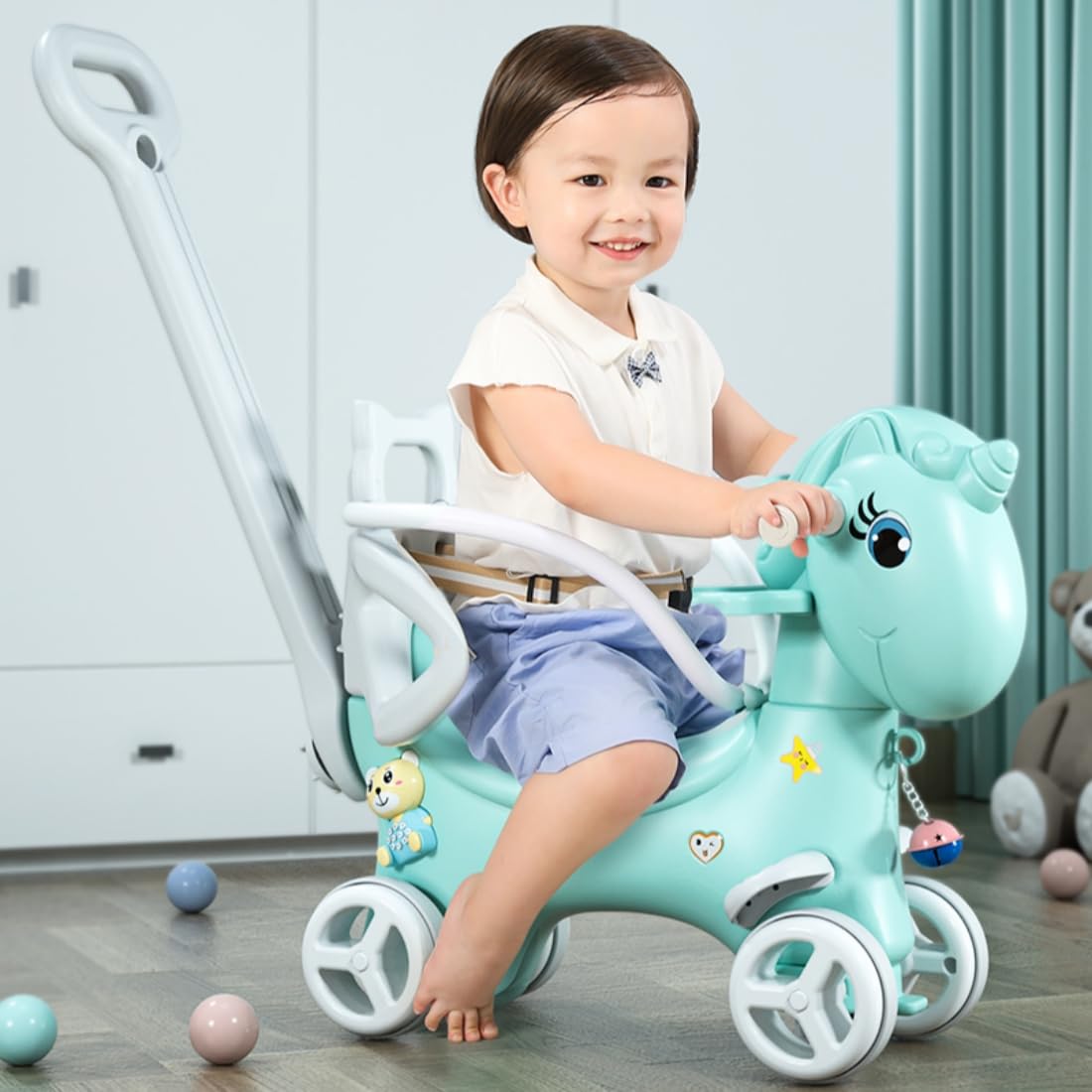 4 in 1 Rocking Horse for Toddlers 1.5-3 Years Old, Balance Bike Ride On Toys with Push Handle, Baby Rocking Toy Backrest and Balance Board for Baby Girl and Boy Fun Birthday Gift (Upgraded Blue)