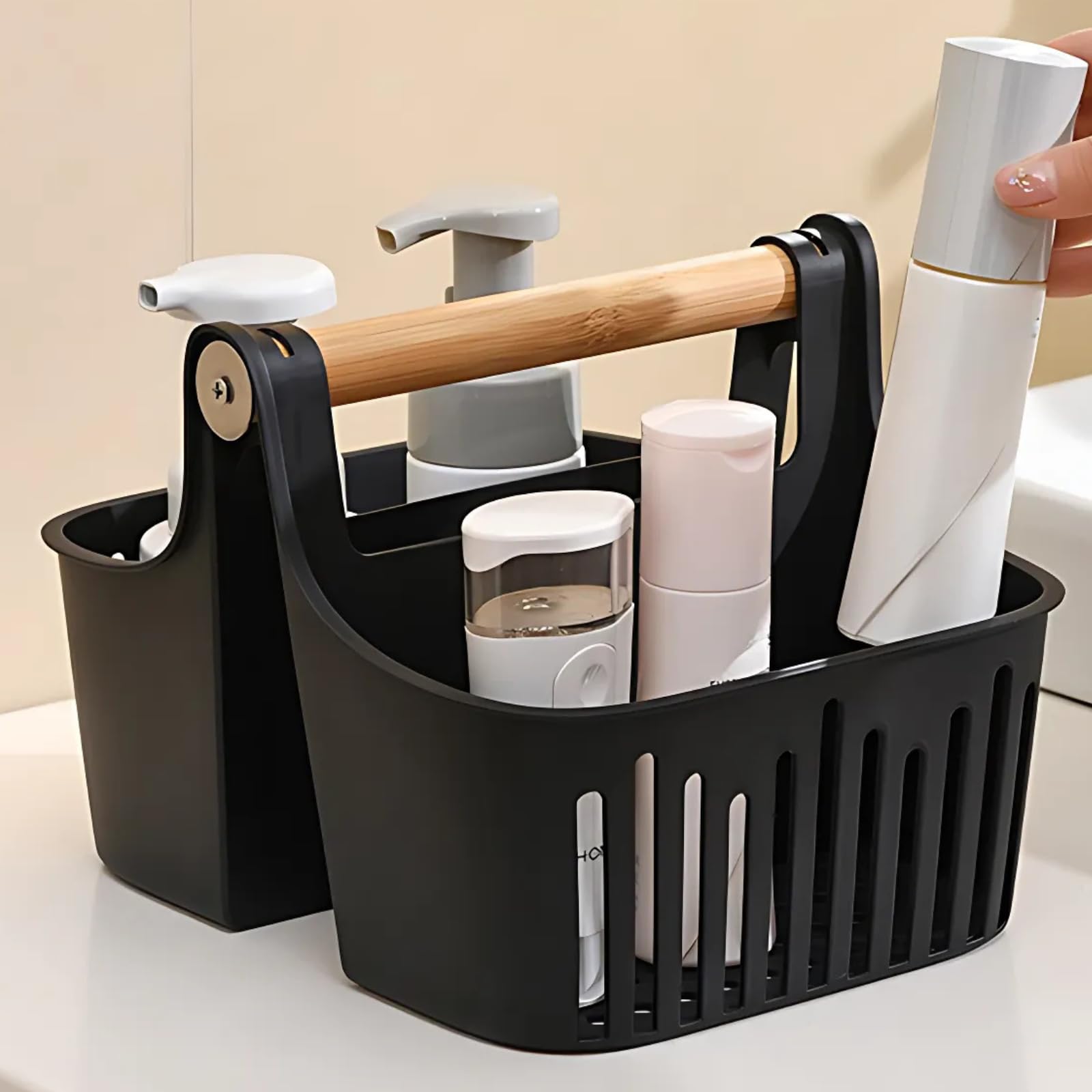Boxonly Portable Shower Caddy with Bamboo Handle-Divided Organizer Basket for Toiletries Makeup and Jewelry-Perfect for Bathroom Dorm Shelf