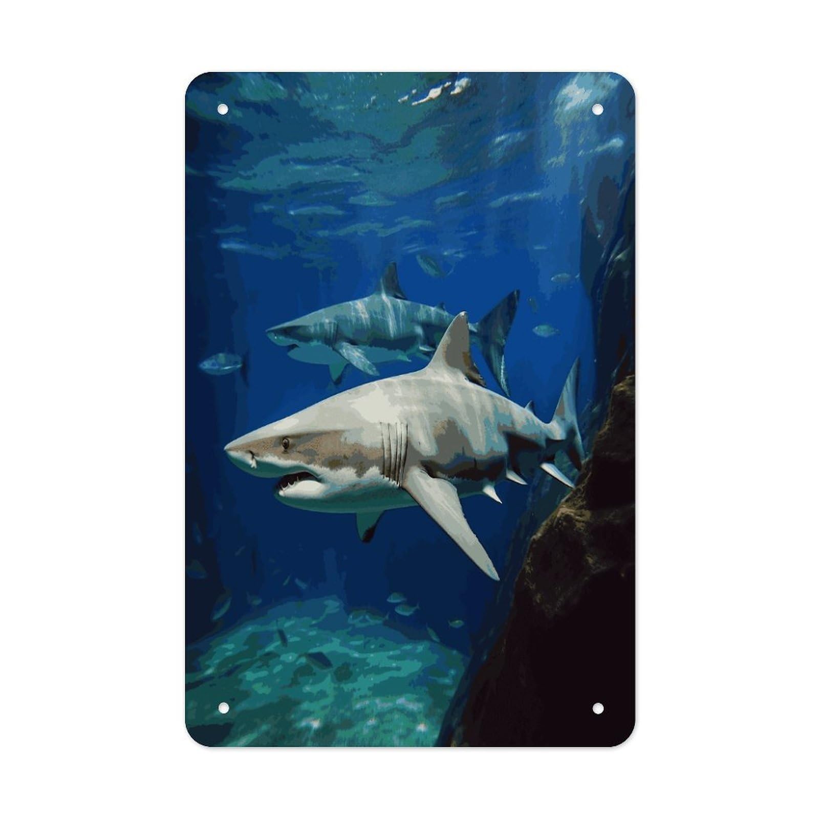LDGSUPH Two White Sharks Wall Art Prints Folded Edge Iron Sheet Painting with Holes for Wall Prints Decorative Picture Metal Signboard Decor Painting for Outdoor Indoor Wall Decor