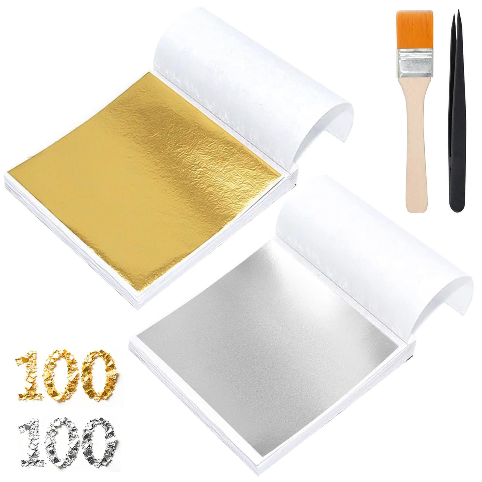 100 Gold Leaf Sheets & 100 Silver Leaf Sheets 13.5x13cm with Tweezers Brush