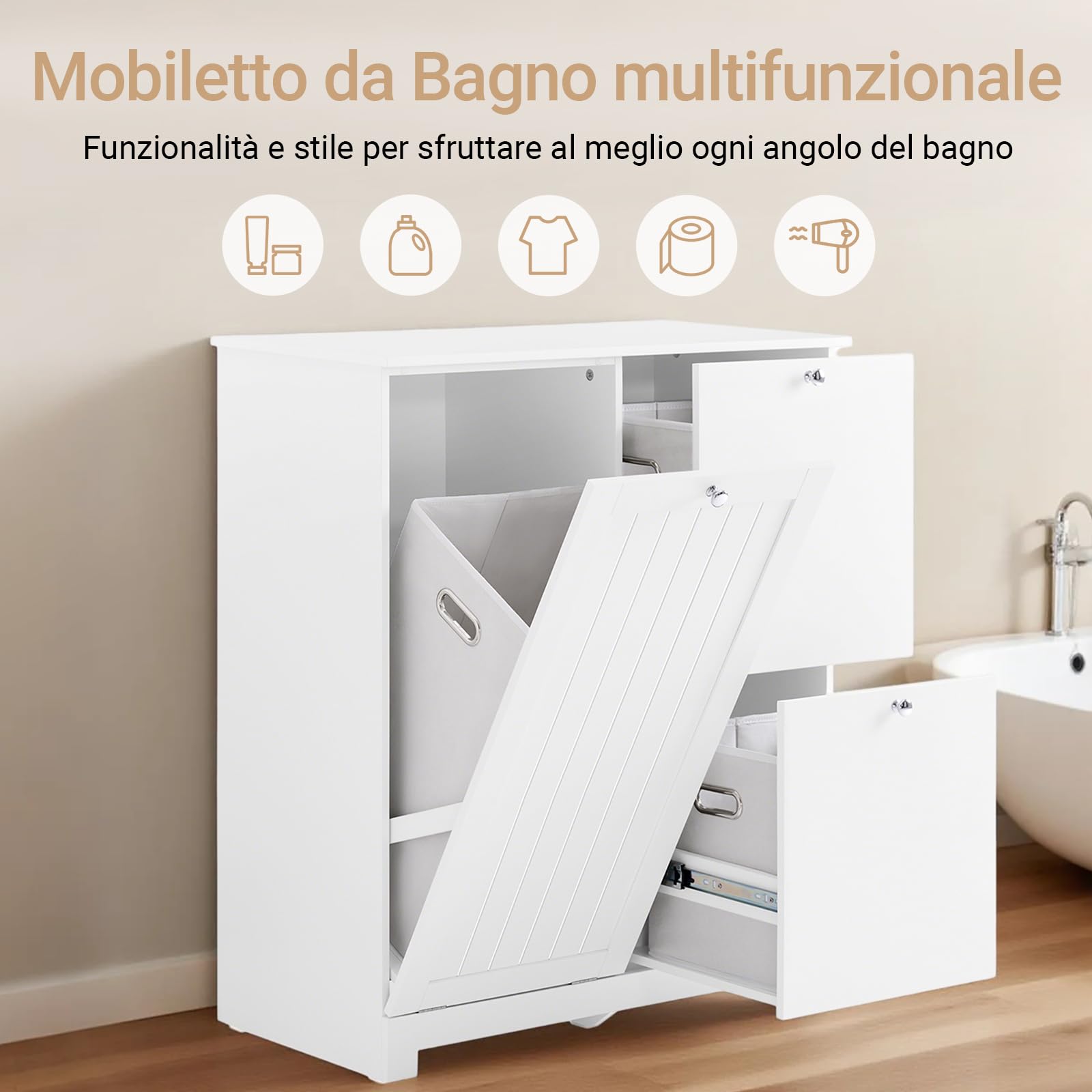 SoBuy Mobile Bagno Salvaspazio Colonna Bagno Stretta 78x38x90cm con 1 Cesto Grande Integrato e 2 Cesti in Tessuto Estraibili – Armadietto Mobile Lavanderia BZR213-W
