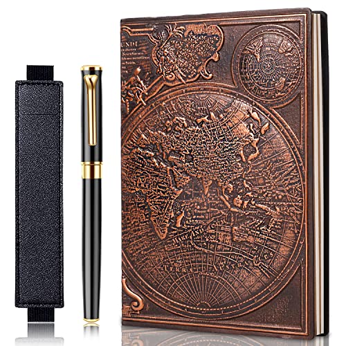 FEIDIAO Vintage Map Embossed Leather Notebook Travel Journal,A5 Writing Journal,Diary