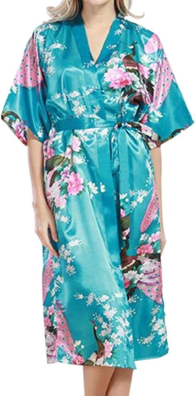 Women Plus Size Pajamas Silk Kimono Robes Peacock Print Short Feast