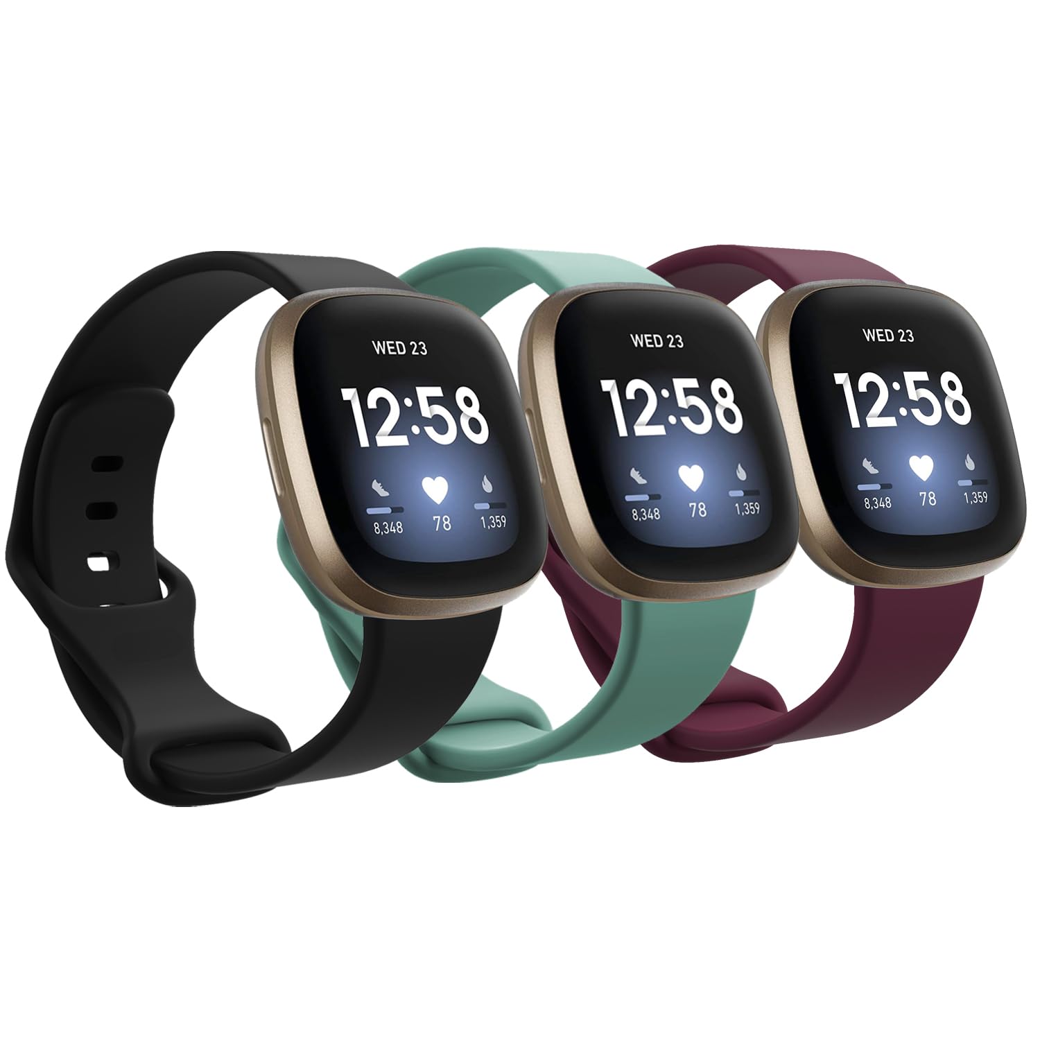 Cone 3 Packs Sport Bands Compatible with Fitbit Sense/Versa 3/Versa 4/Sense 2, Classic Soft Silicone Replacement Wristbands for Versa 3 Smart Watch Women Men Small Large