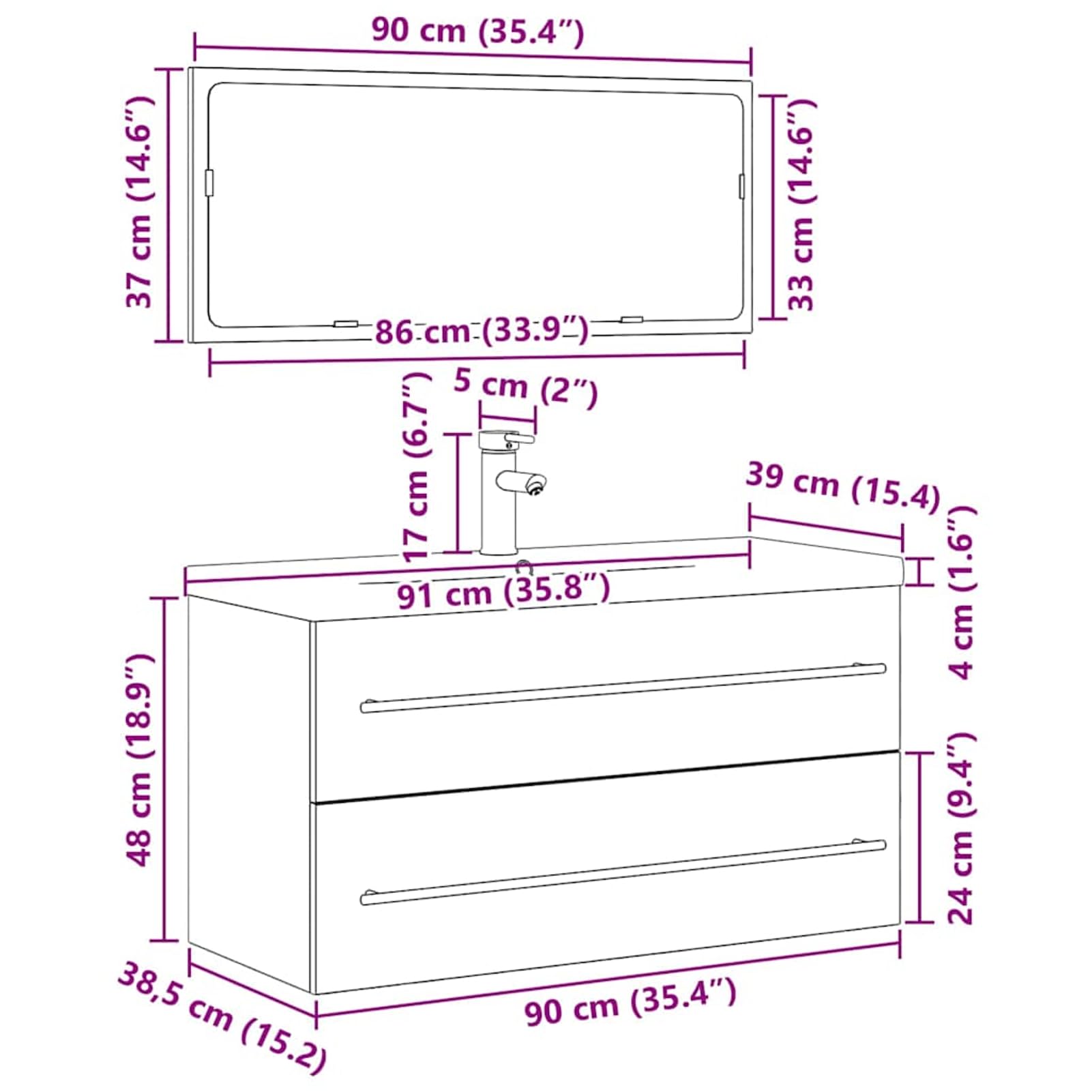 Mobile per lavabo con cassetti, 90 x 38,5 x 48 cm, colore nero, effetto quercia in legno, ceramica, bagno