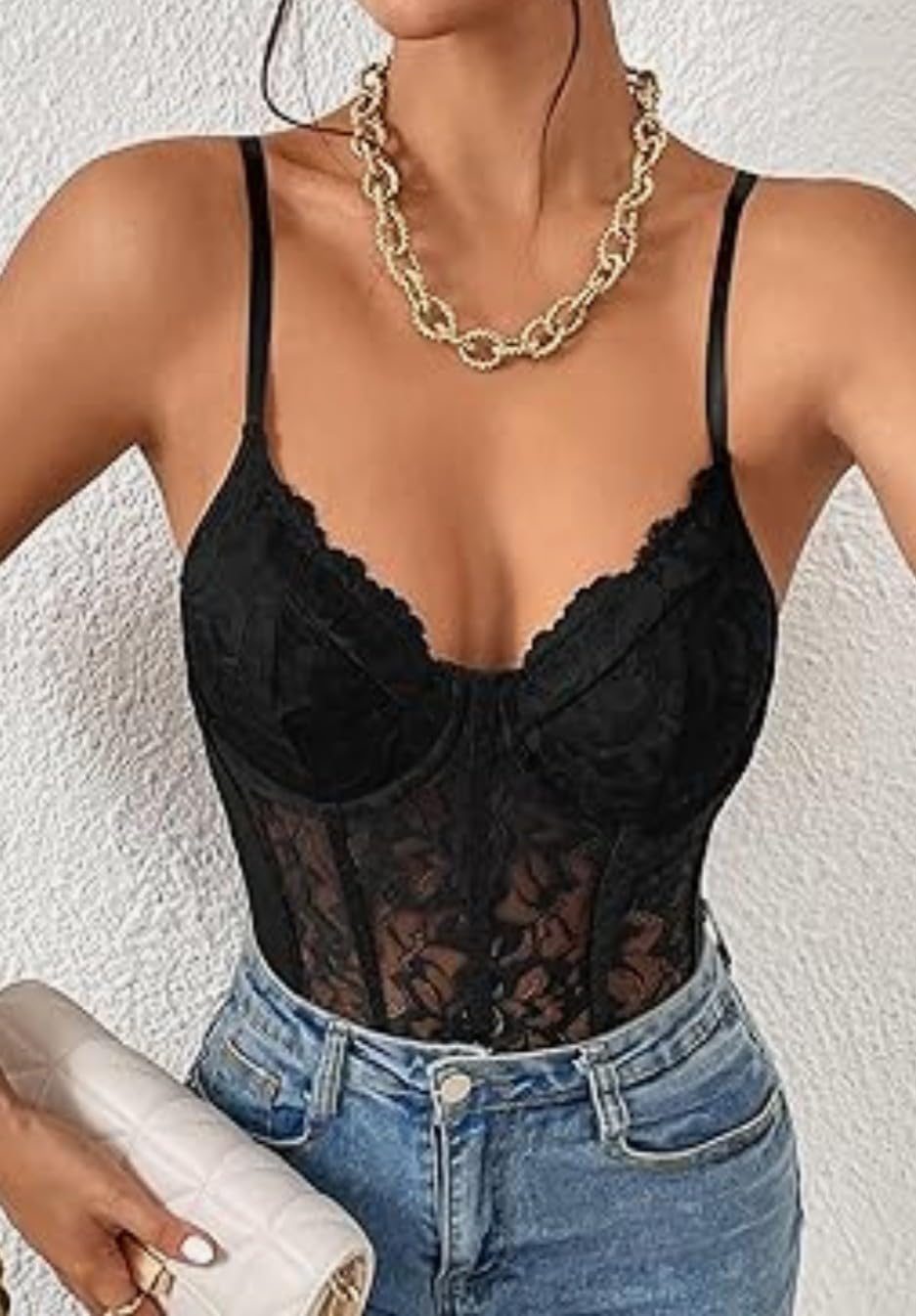 Anexa collection Red Lace Corset Top, Floral Pattern, Adjustable Straps, Bustier Style (IN, Alpha, S, 21 Go, B, 28, Regular, Standard, Black)