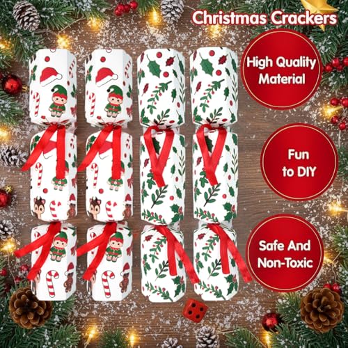 Hoiyen Christmas Crackers,10 Packs DIY Christmas Party Crackers Bulk, Xmas Crackers with Party Hat, Riddle Cards, Joke & Keyring, Gifts for Family Party Favors,Kids Novelty Gifts,Novelty Decorations