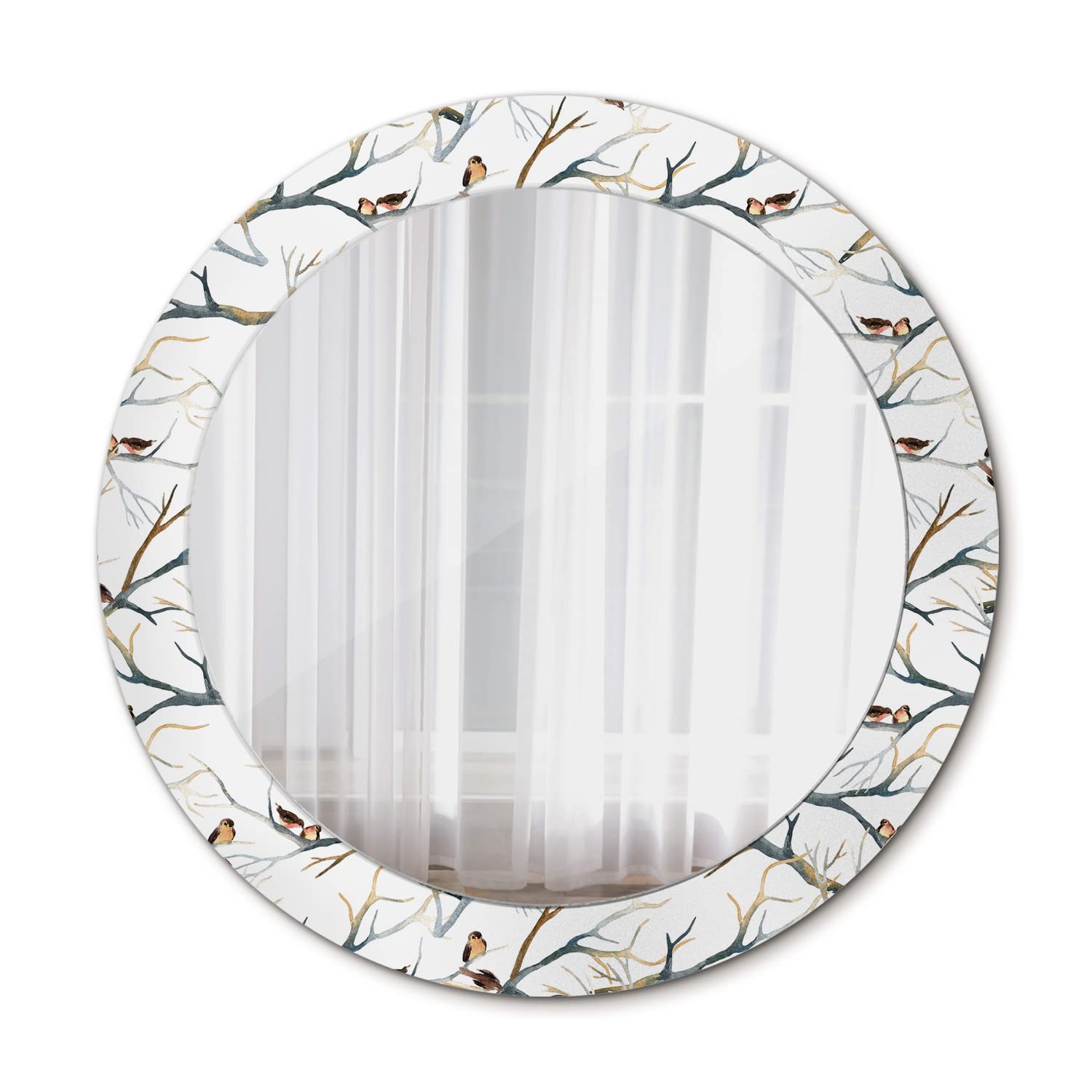 Miroir mural rond Ø70 cm en verre avec oiseaux et branches pour maquillage chic