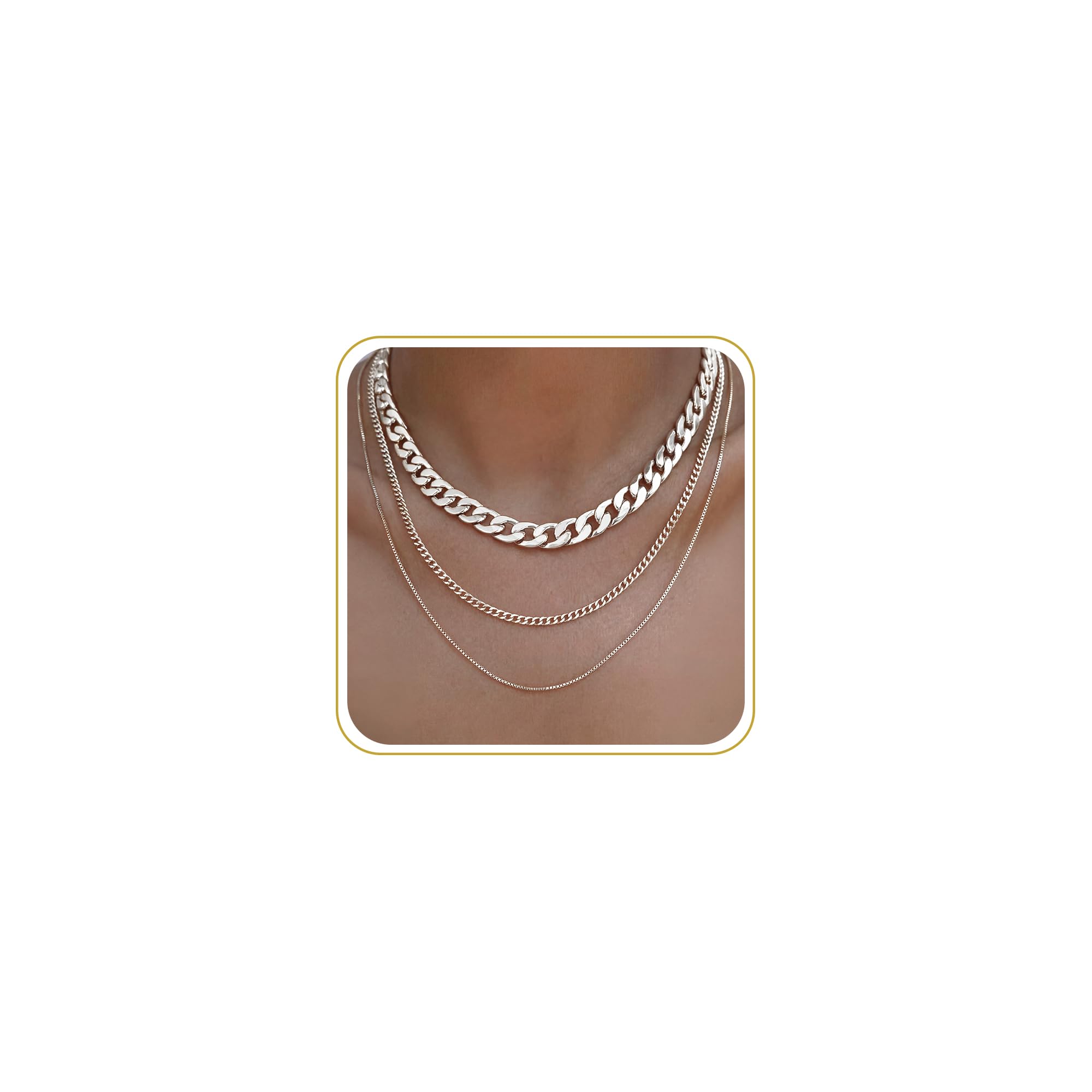 Tewiky Layered Necklaces for Women Non Tarnish- Chunky 14k Gold Plated Herringbone/Snake/Rope/Box/Cuban Link Chain for Women Waterproof Layering Stack Choker Necklace Trendy Dainty Tarnish Free Jewelry Set