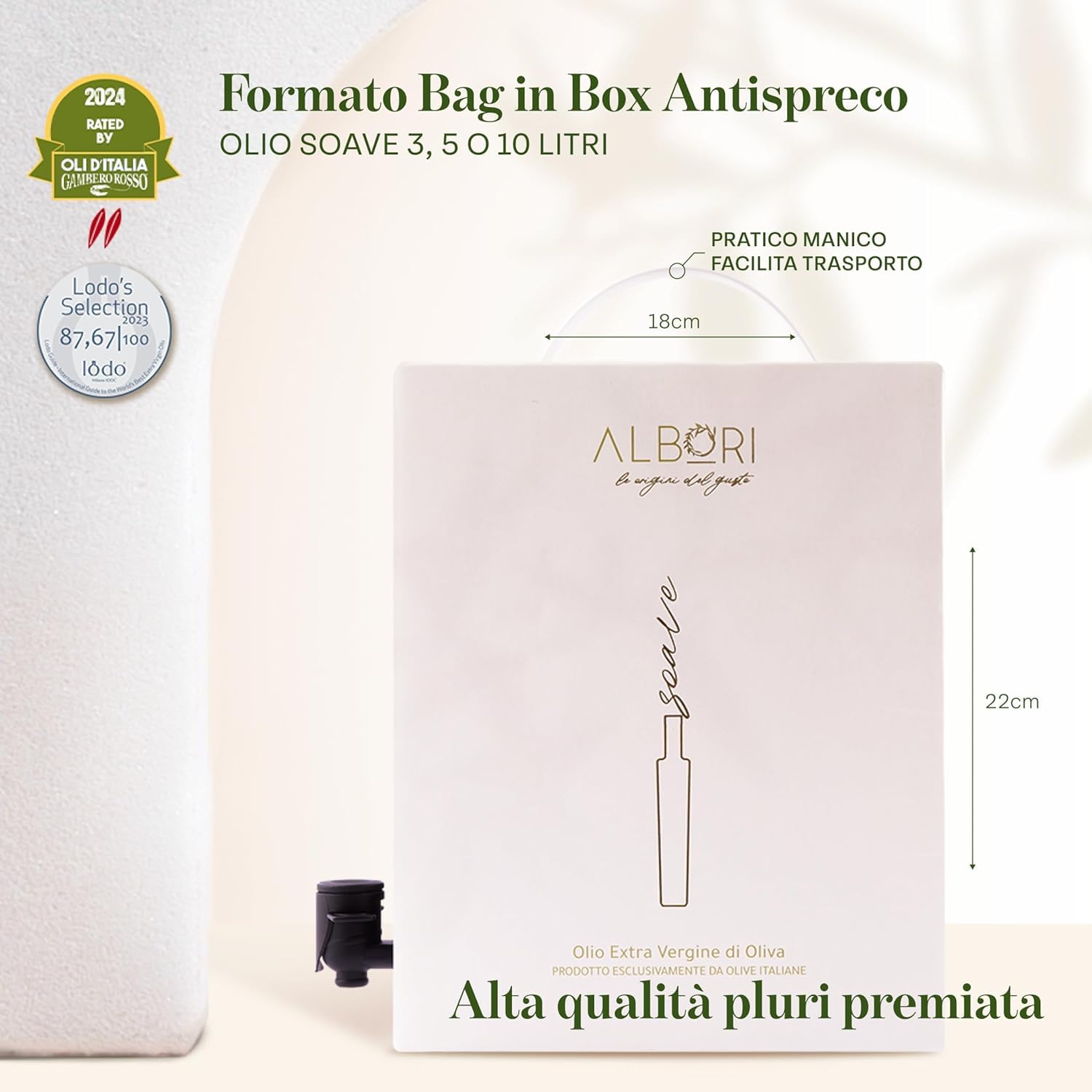 ALBORI Soave - Olio Extravergine di Oliva Italiano 5 Litri NUOVO 2025/2026 Estratto Freddo, Olio di Oliva con Olive Leccino e Peranzana Delicato per Pesce, Carne, Verdura, Box con Versatore Antispreco