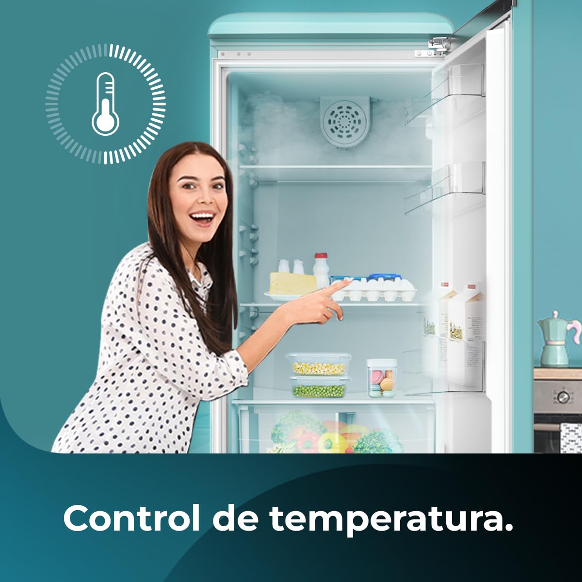 Cecotec Lodówko-zamrażarka w stylu retro, 300 l, bolerko, CoolMarket Combi Origin 300 Green E, klasa E, oświetlenie wewnętrzne LED, Crisper Box, regulacja temperatury, chromowany uchwyt i szklane