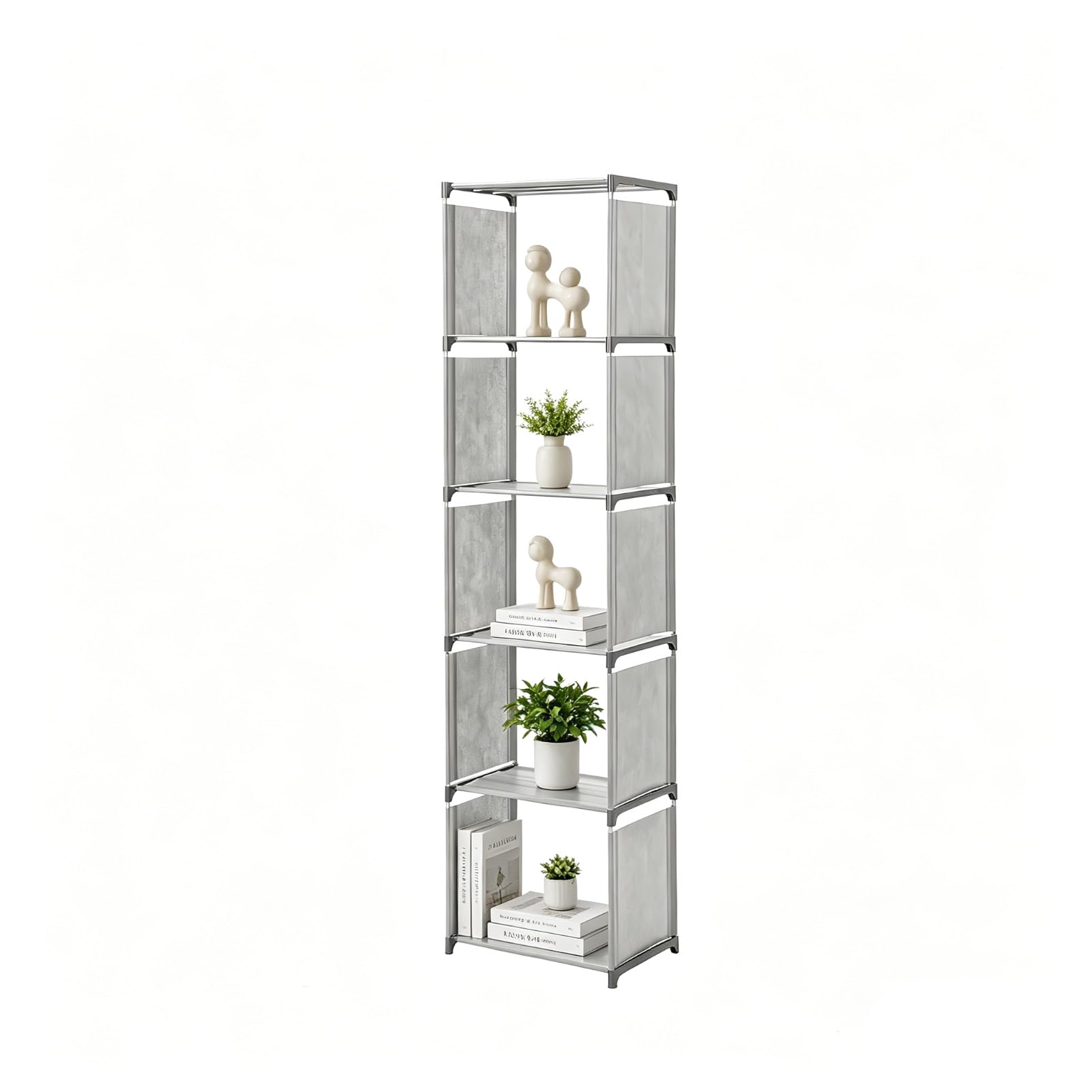 FERNVALE 6 Tier 5 Cubes Modern Bookshelf Tall Narrow Bookcase Storage Shelf with Anti-Rust Metal Pipes & ABS Connectors Freestanding Display Unit Organizer for Living Room Bedroom Office Grey