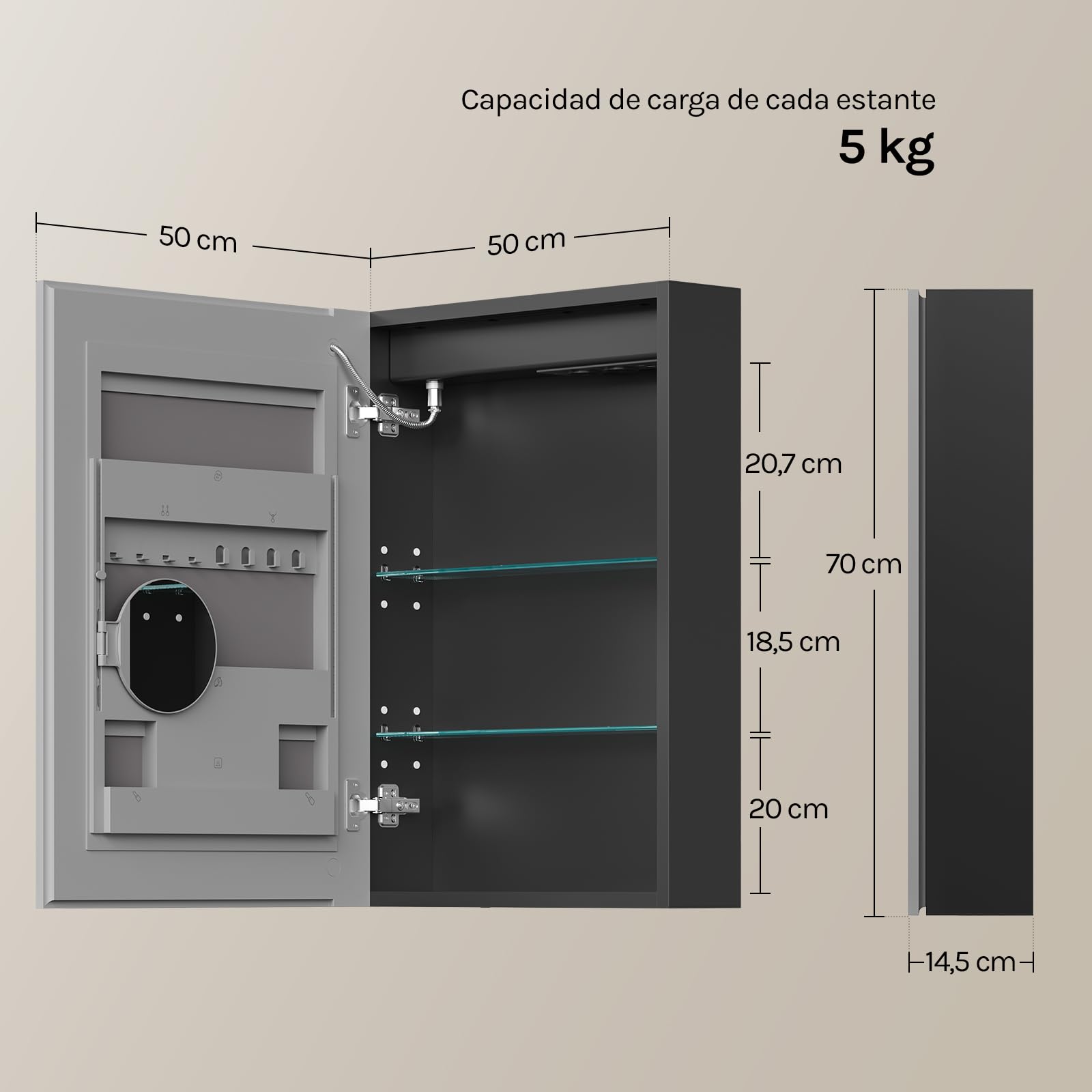 WOLTU Espejo de Baño con LED, Espejo con Espacio de Almacenamiento, Función Antivaho, Estantes Ajustables, Lupa de Aumento 3×, 1 Puerto USB, 1 Puerto Type-C, 2 Enchufes, 14,5×50×70 cm, Negro