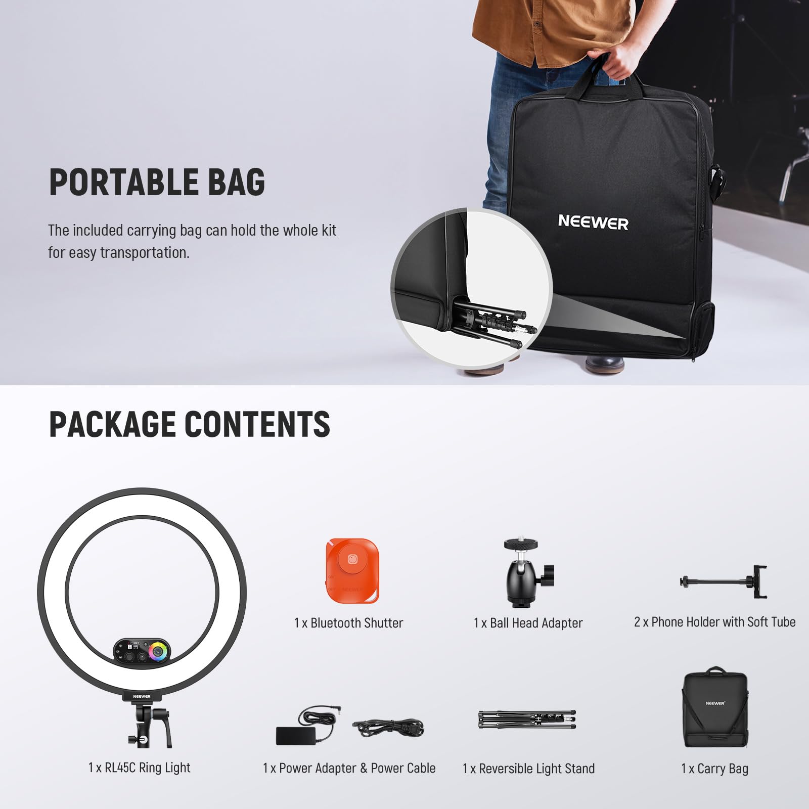 NEEWER Ring Light 18inch Kit: 55W 5600K Professional LED with Stand and Phone Holder, Soft Tube & Bag for Tattoo Lash Extension Barber Makeup Artist Studio Video Photography Lighting, RL-18: NEEWER RL45C 18" Edge Lit 45W RGB LED Ring Light with Phone Tripod Stand Remote CRI95+ 3100lux/0.5m 2500K–10000K 360° Full Colors App/2.4G Control Compatible with iPhone Selfie Makeup Video Recording