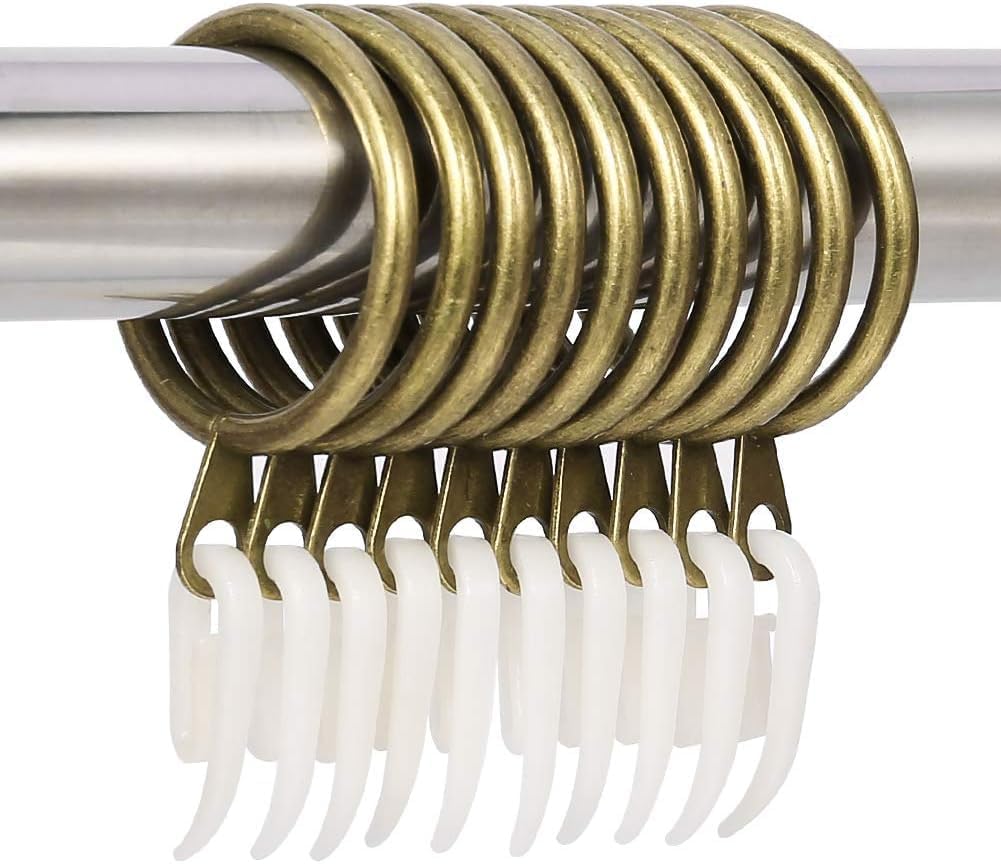 Curtain Rings with Plastic Hooks 48 Pack 40mm Brass Finish Metal Pole Rings Drapery Hanging Ring Loops Smooth Gliding Eyelet Clips for Pencil Pinch Pleat Window Curtains Voiles Net Sheer Drapes