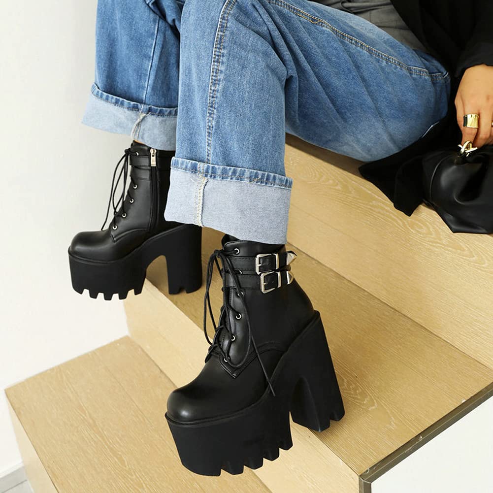 Botines Militares De Tacón Alto Grueso con Plataforma Punk Gótica Botas Combat para Mujer