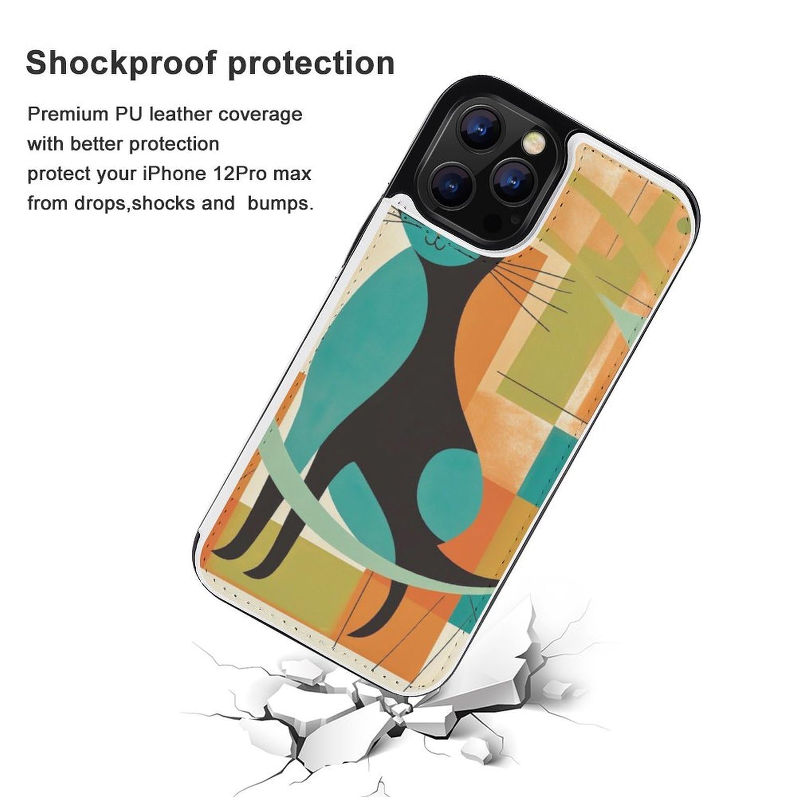 Fundas tipo cartera para iPhone 12 Pro Max, diseño de gato moderno de mediados de siglo, funda de piel con ranuras para tarjetas