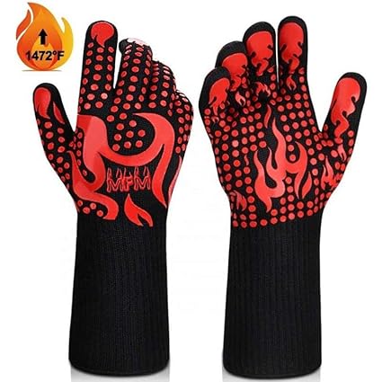 BBQ Gloves 1472? Extreme Heat Resistant Protective Cooking Gloves Food Grade Kitchen Oven Mitts with Silicone Non-Slip Grip for BBQ Cooking/ Baking/Smoker/ Fireplace/Welding/ Large & XL (Red+Blue)