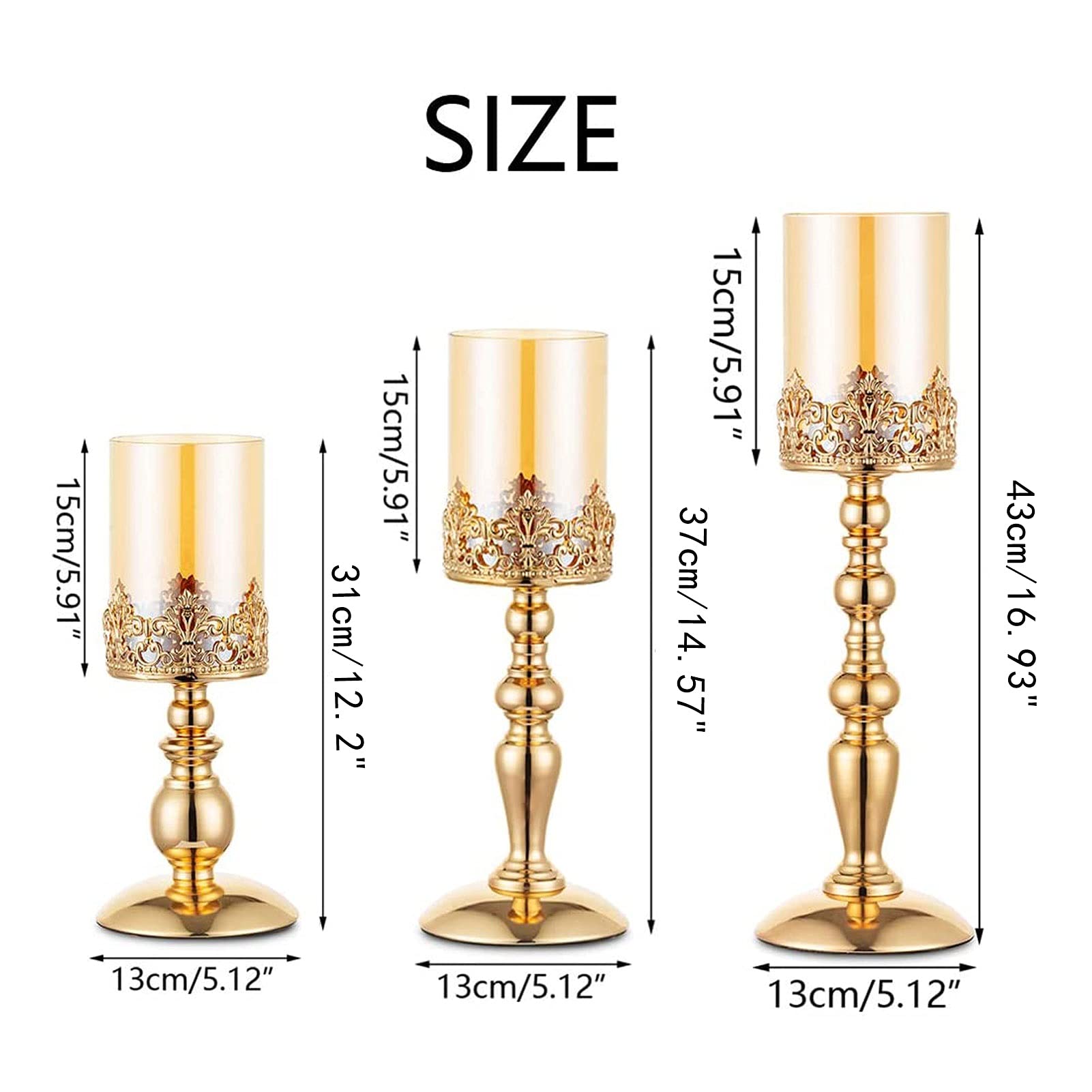 Nuptio Portacandele A Colonna con Vetro, Set di 3 Portacandele in Uragano Oro Regali per Decorazione della Casa, Portacandele A Lume di Candela Centrotavola Anniversario Matrimonio