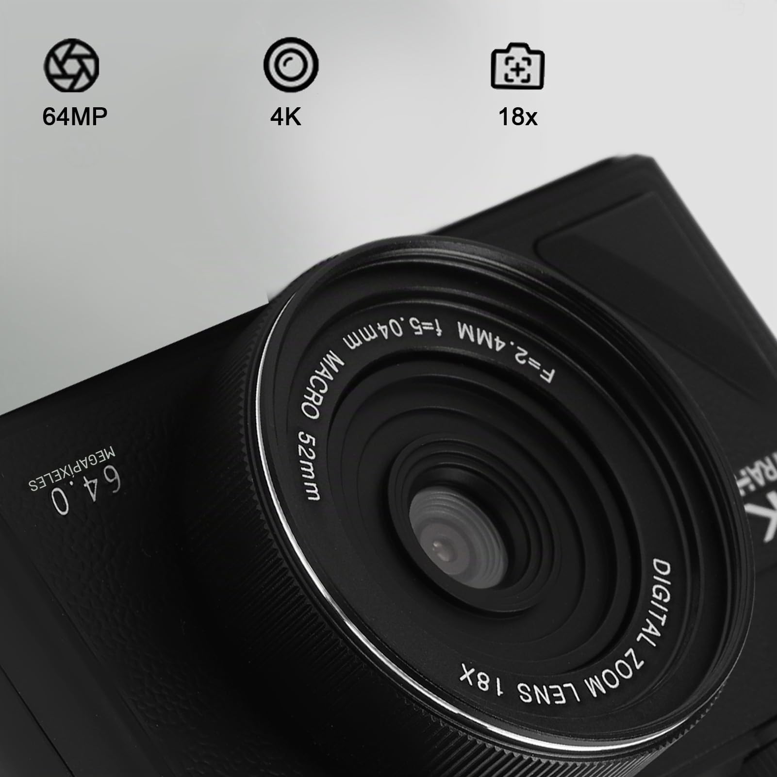 Cámara Digital 4K de 64MP con Zoom 18X, Pantalla IPS, Balance de Blancos, Estabilización, Detección de Rostros para Fotografía, Vlogging (Black)