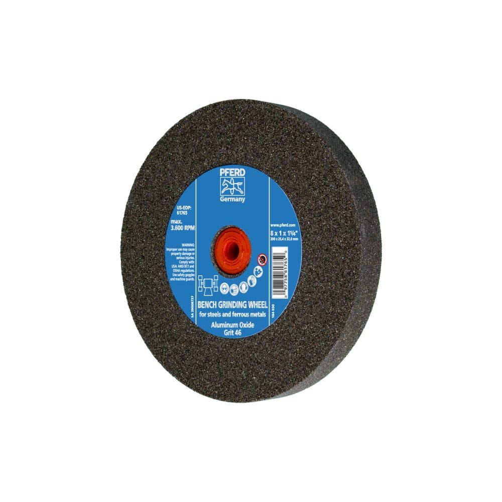 PFERD 61765 Rueda de molienda de banco, óxido de aluminio, 8 pulgadas de diámetro, 1 pulgada de grosor, 1-1/4 pulgadas de agujero de eje, 46 granos, 3600 RPM máximo