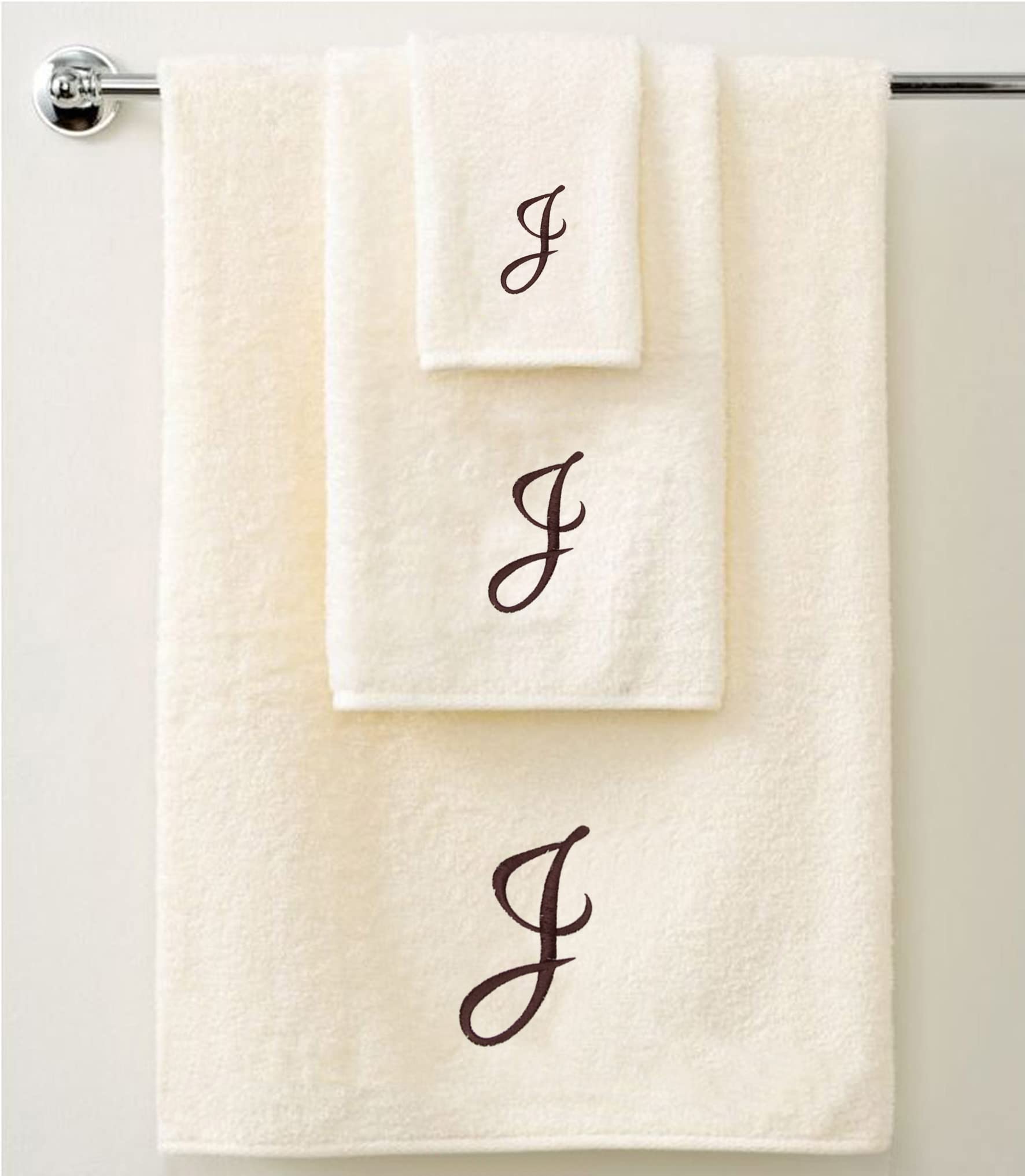 QCS Personalised Embroidered 3 Piece Towel Set in Brown Script 100% Cotton 600 GSM 1 Bath Towels, 1 Hand Towels and 1 Guest Towels (IvoryBrown 'I')