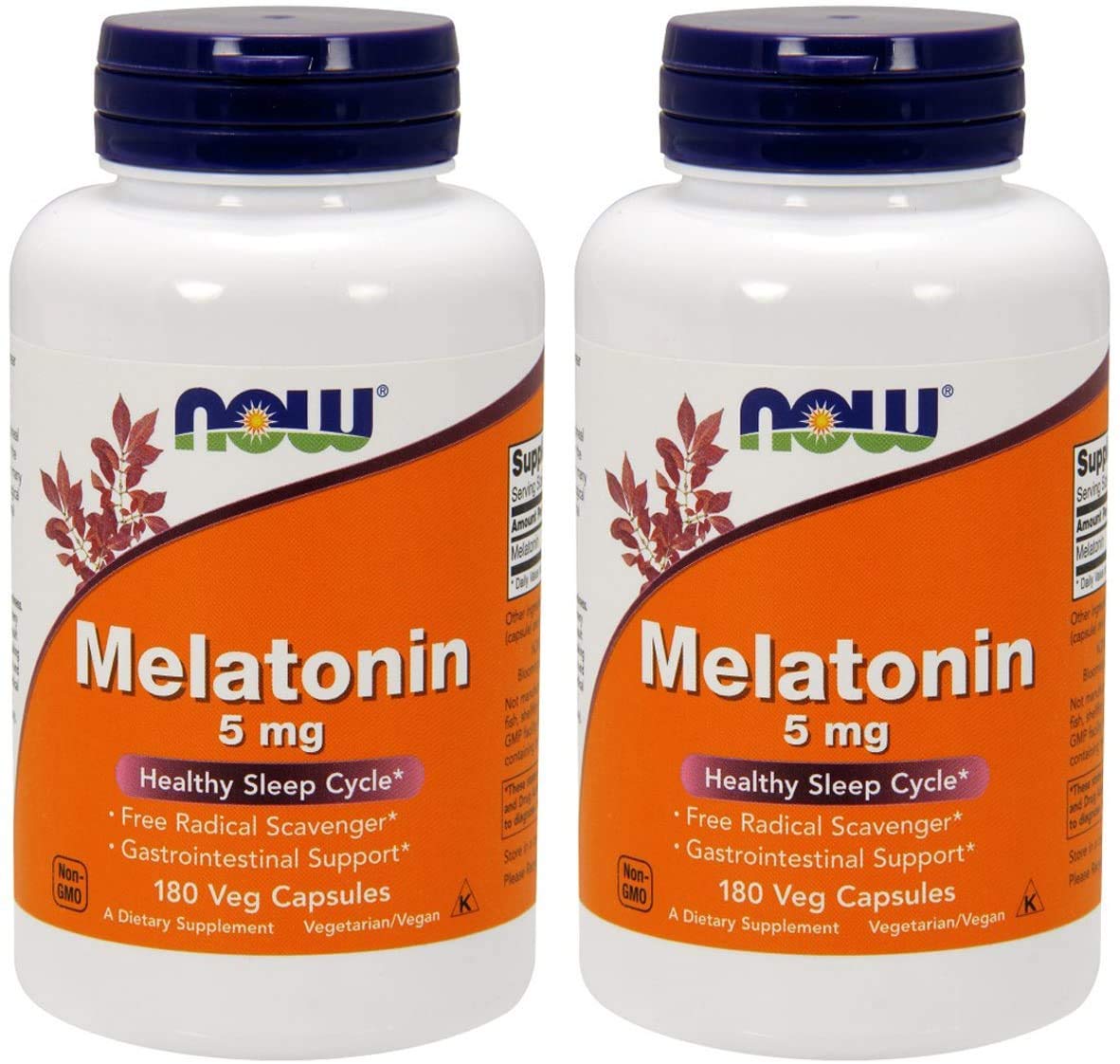 Melatonina de alta potencia Now Foods 5 mg 2X (180 cápsulas vegetales) Blanco/Naranja