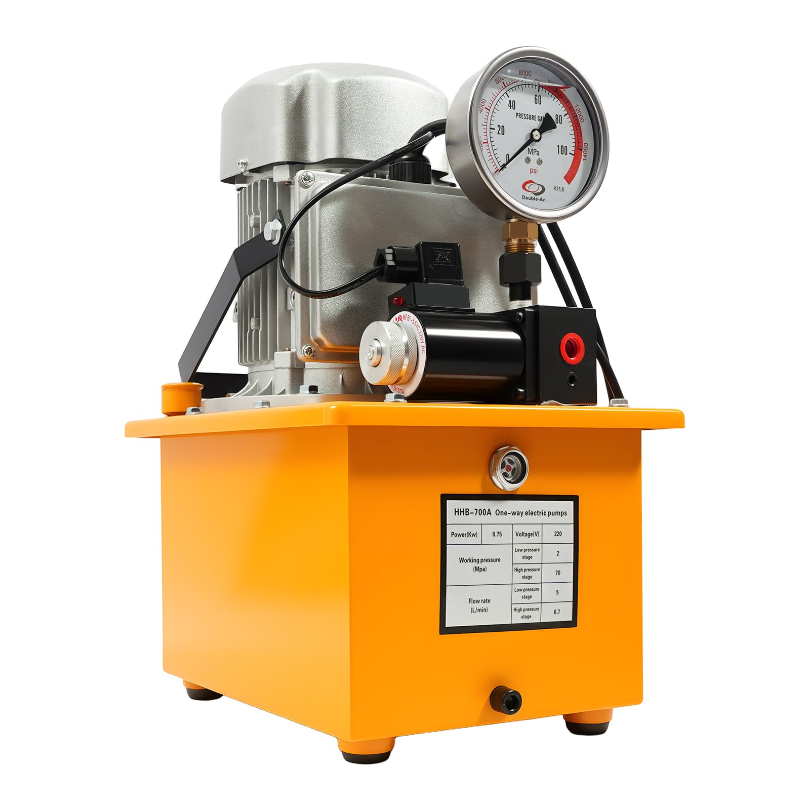Bomba hidráulica eléctrica 750 W 220 V, unidad hidráulica de hasta 70 MPa/10000 PSI con depósito de 7 L, manómetro y válvula solenoide, bomba hidráulica industrial para elevación, prensado