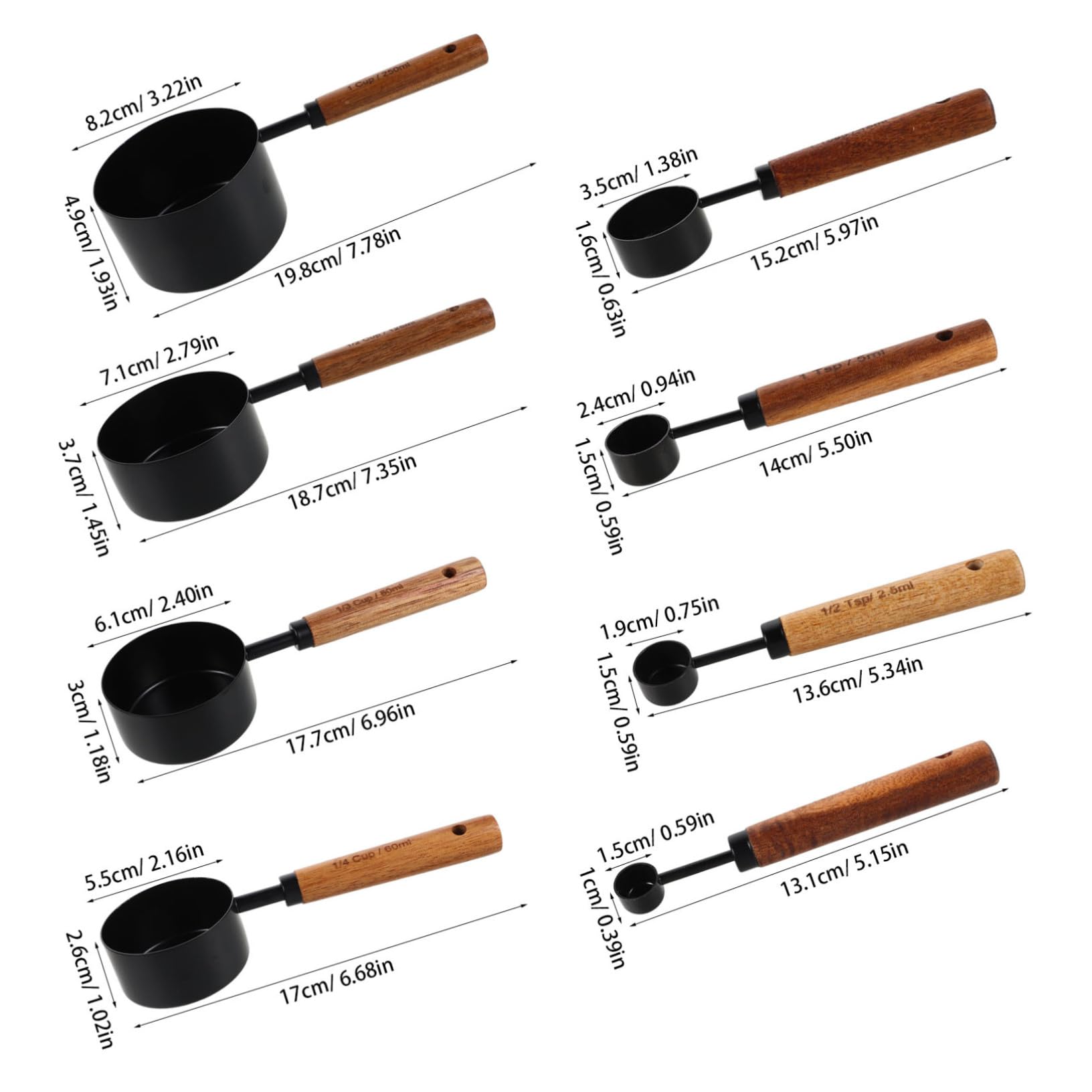 8 Pièces Cuillères Doseuses Inox Manches Tasses à Mesurer pour Ingrédients Secs et Outil Cuisine Pâtisserie Pratique et Élégant Noir