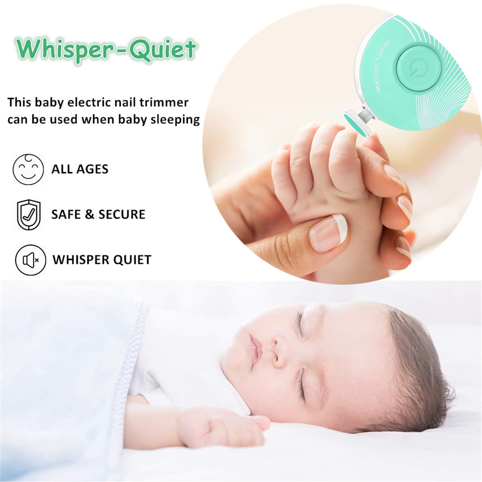 Lima eléctrica de uñas para bebé con 6 cabezales de molienda, seguro y silencioso, kit de cuidado de uñas para recién nacidos, niños y adultos, funciona con pilas (no incluidas), color verde
