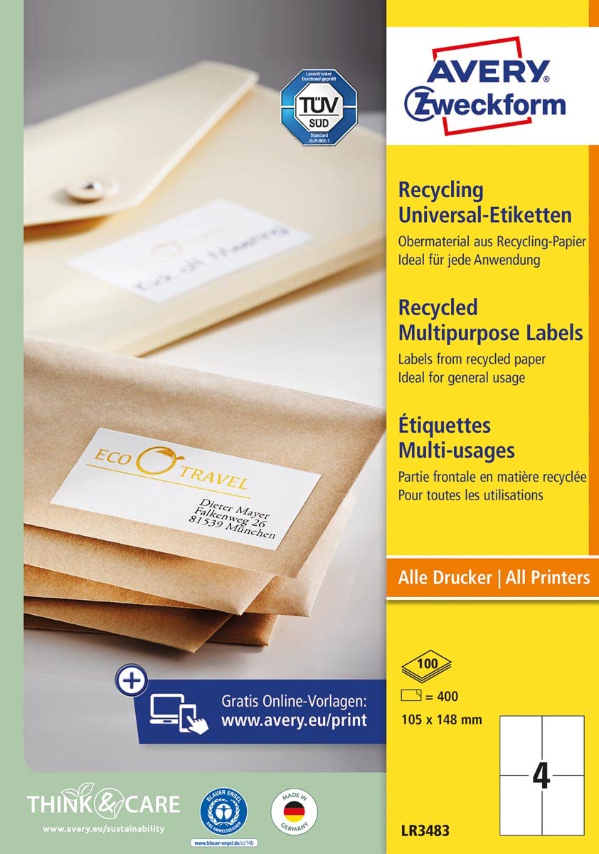 AVERY Zweckform LR3483 Recycling Etiketten (400 Klebeetiketten, 105x148mm auf A4, 100% recyceltes Altpapier, bedruckbare Versandetiketten, selbstklebende Versandaufkleber) 100 Blatt weiß (Recycling)