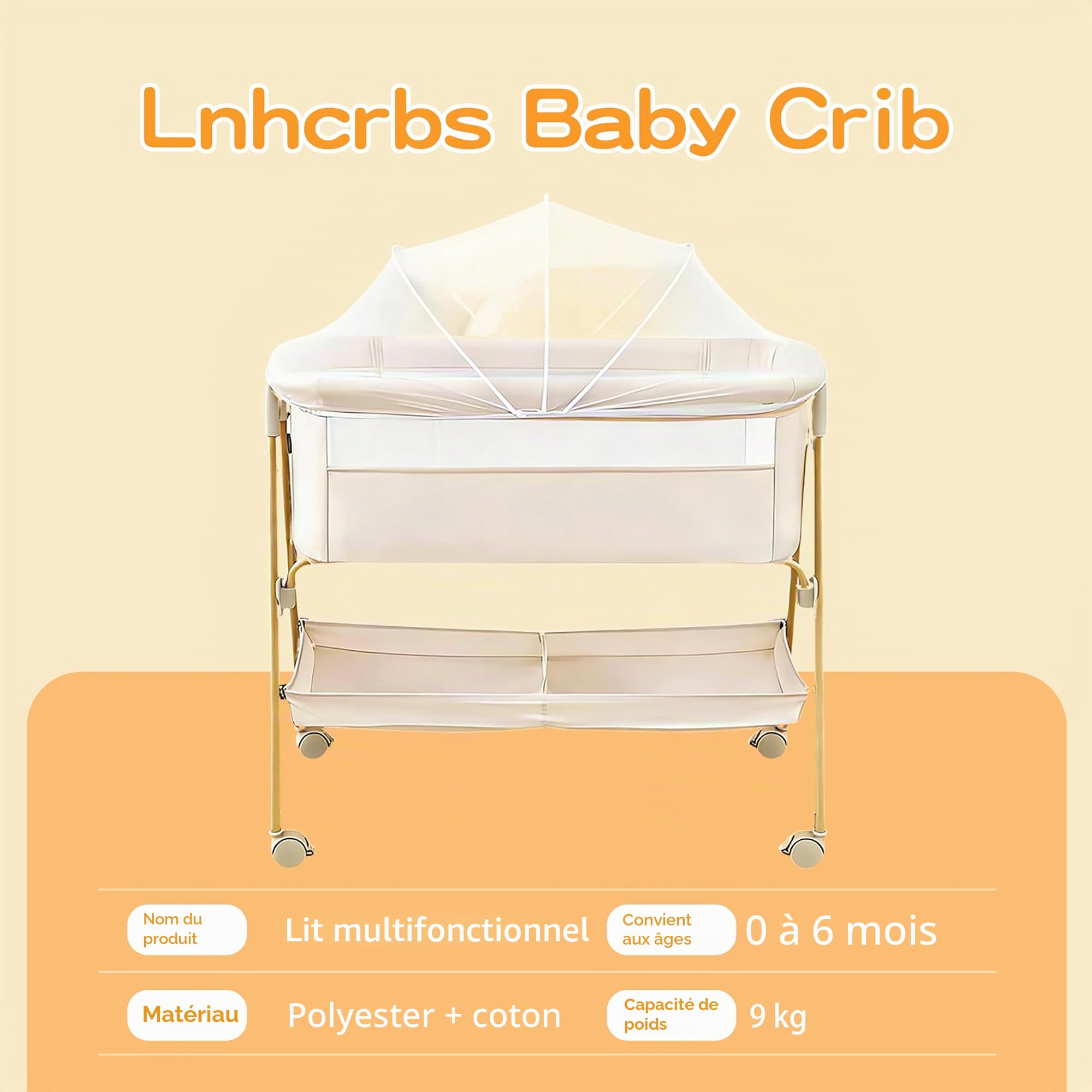 Lit Parapluie Bebe, Lit Cododo avec Matelas, Moustiquaire, Sac De Rangement, Roues Bloquables & Sangles-it pour Bebe pour 0-6 Mois,Jusqu'à 9kg-Bois Foncé
