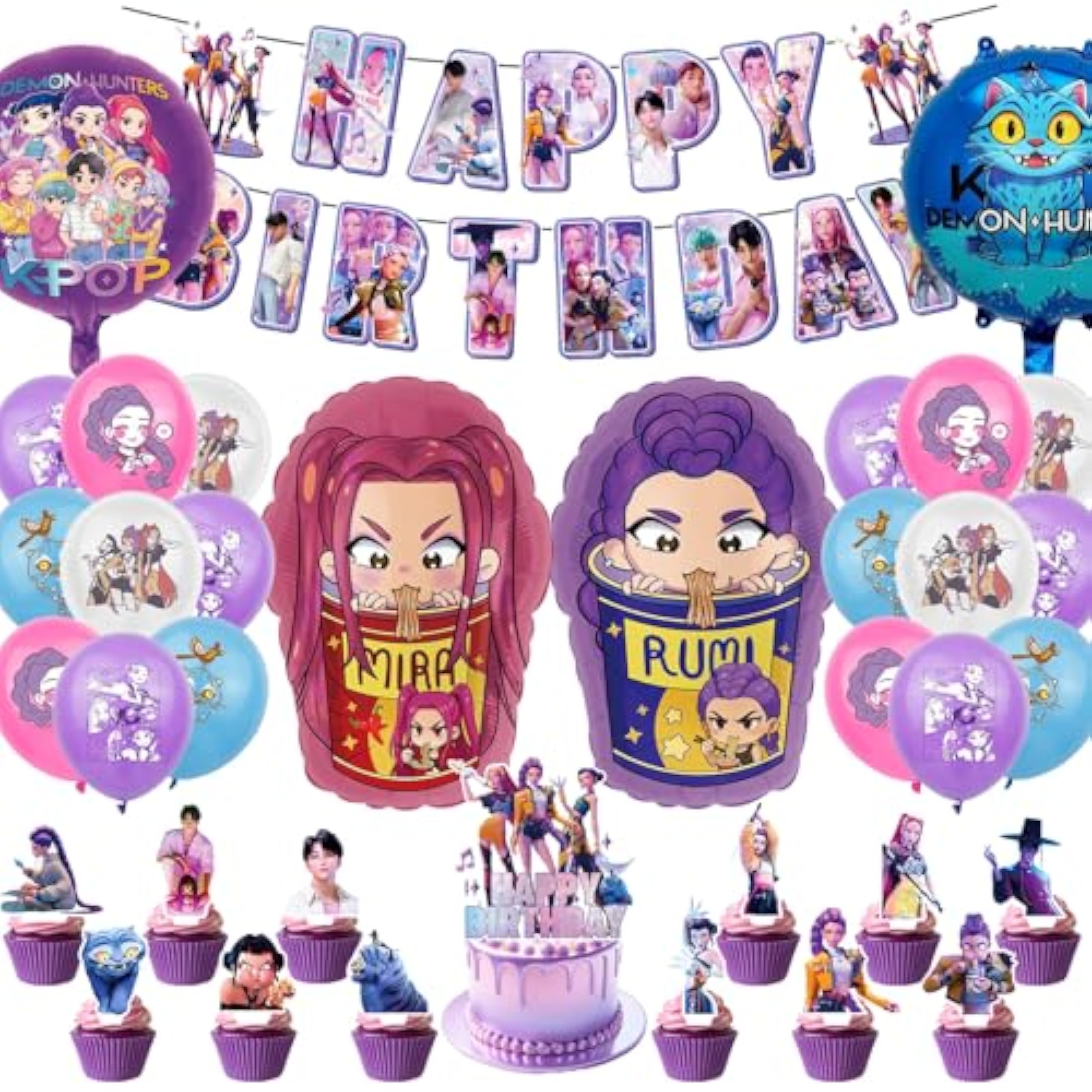 46 Piezas Decoración Cumpleaños Hunters para Fans, Kit de Fiesta Temática Anime con Banner Happy Birthday, Globos de Letras y Topper para Tarta, Decoración Fiesta Infantil