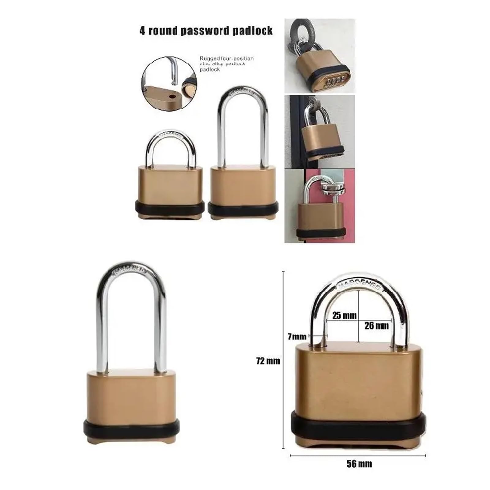 Candado Gimnasio Candado con combinación de números cuatro dígitos, cerradura impermeable for puerta armario garaje(56mm x 104mm)