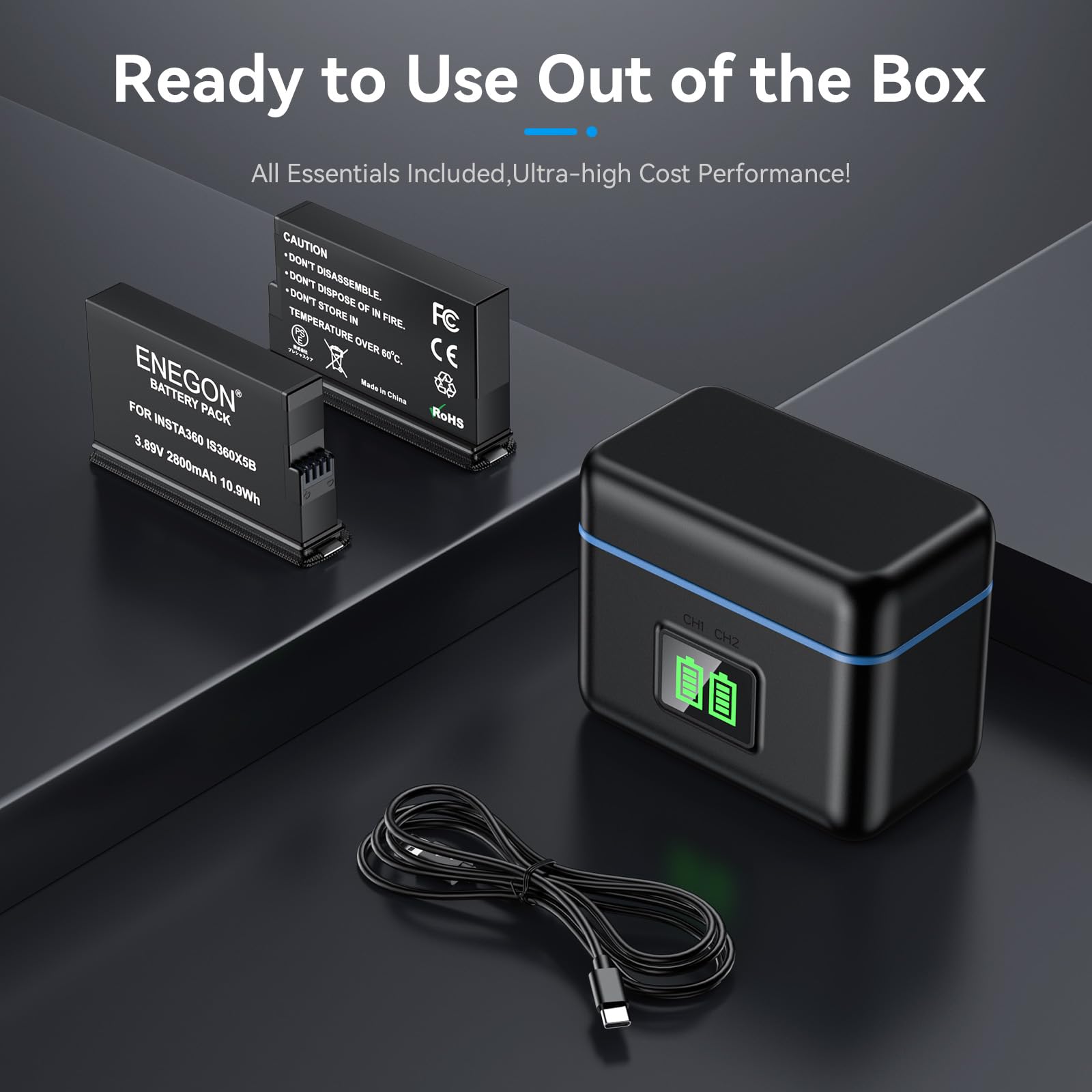 ENEGON Batterie Insta 360 X5 Set, capacité - 2800 mAh, 2 pièces par Set, avec Un Chargeur de Rangement Pratique doté d'un écran LCD