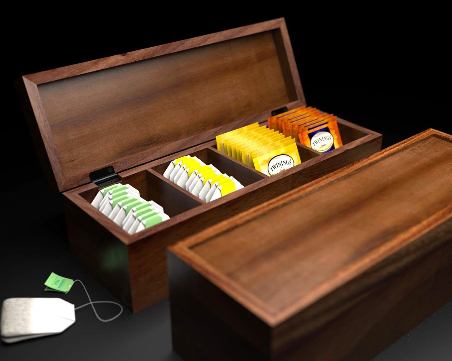 Personalized Tea Box – Elegant Wooden Tea Bag Organizer with 5 Compartments, Large Size Holds Gourmet Bags, Ideal Gift for Tea Lovers & Home Kitchen Display