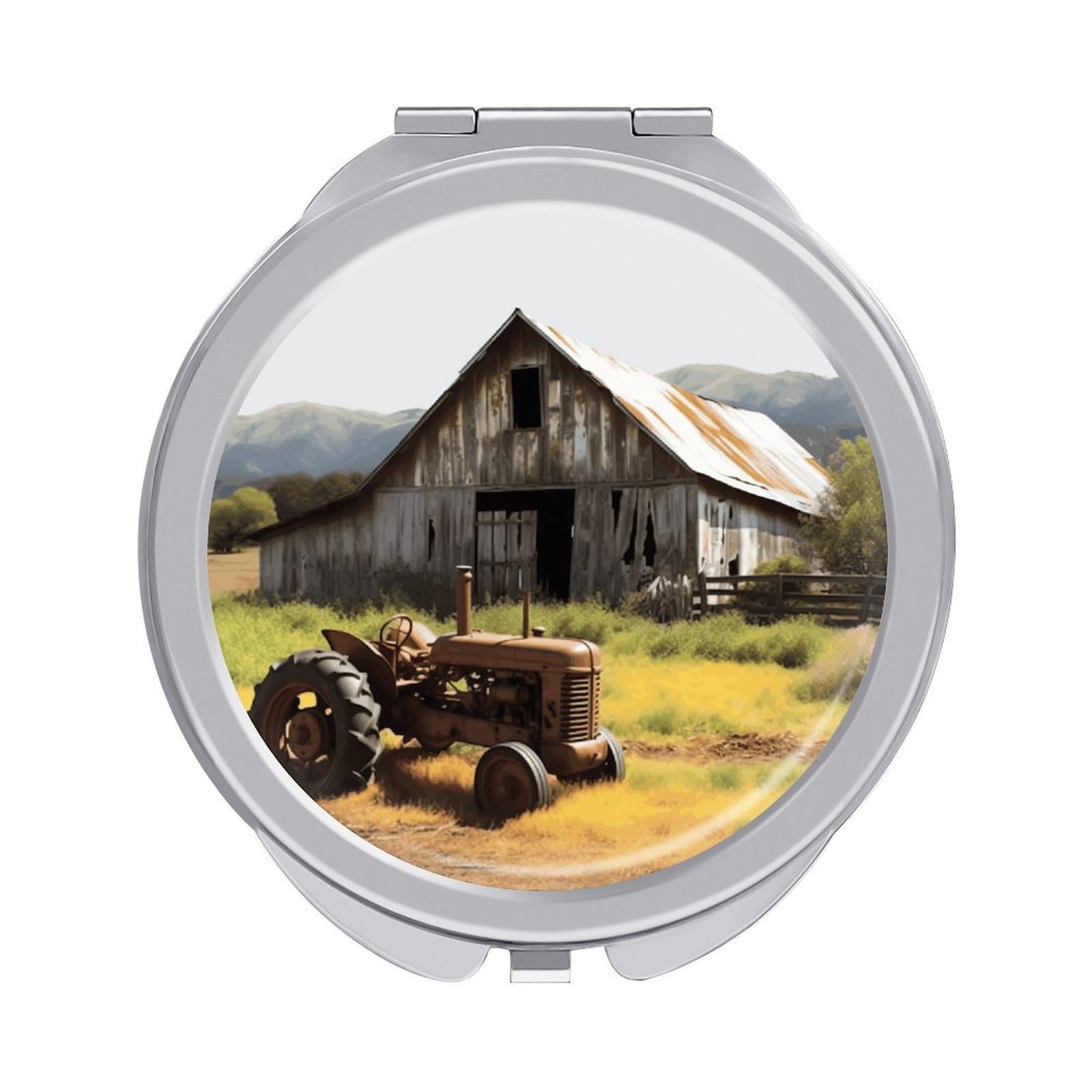 FekiLoot Old Wooden Barn with Rusted Tractor Travel Makeup Mirror 2 X /1 X Magnifying Slim Pocket Mirrors Compact for Purse Travel Makeup Mirrors for Pocket, Handbag, Purse Women Gift