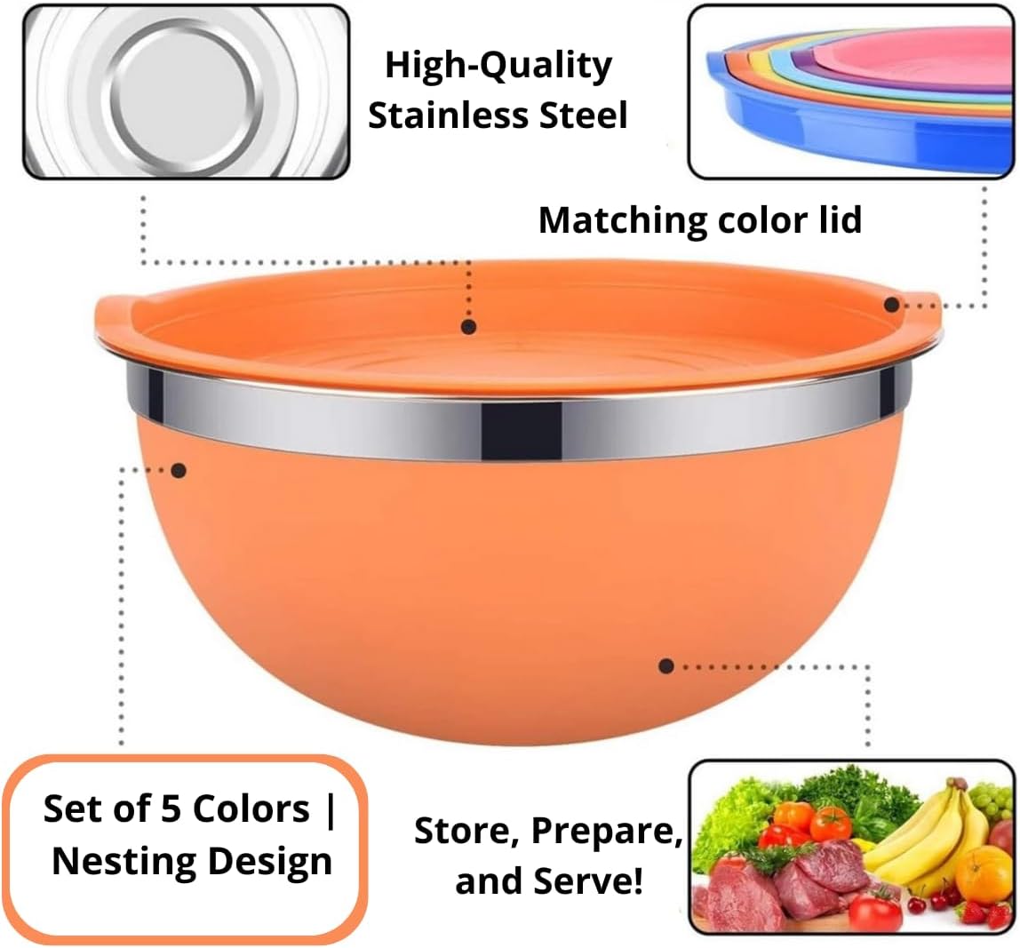 5-Piece Colorful Stainless Steel Mixing Bowls with Matching Non-Airtight Lids – Nesting Stackable Design for Cooking, Baking, Meal Prep & Food Storage – Durable, Easy-Clean Kitchen Set