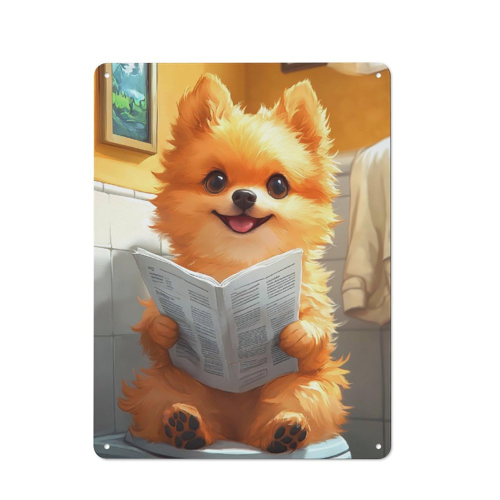 Junmoney Cute Pomeranian Dog Reading Newspaper Toilet Funny Tin Sign 40X30cm For Pub Or Café, Retro-Style Wall Decor, For Garage, Workshop And Man Cave Decoration