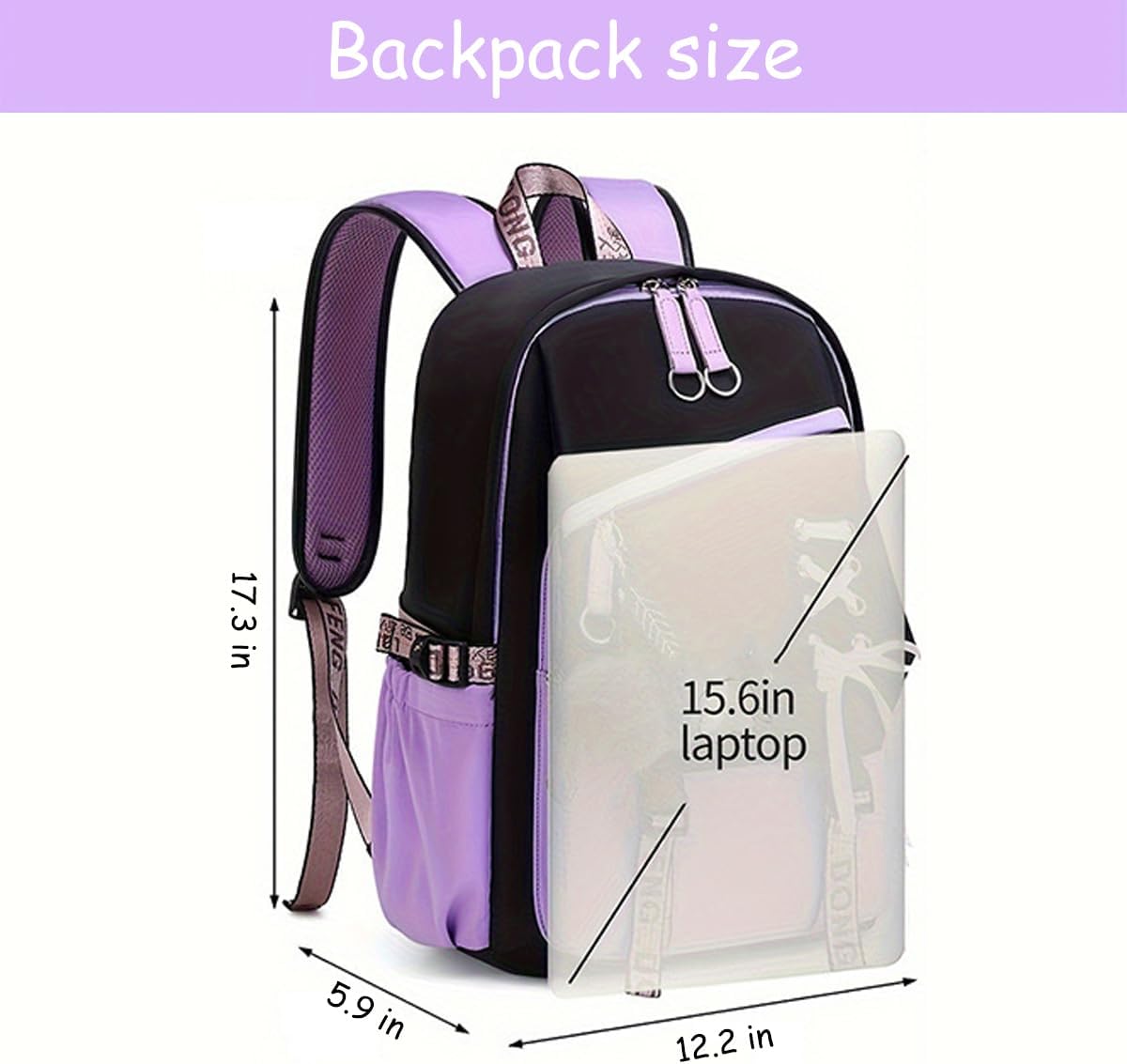 Cute Anime Style Backpack for Girls Cartoon Backpack for Teens Students Fashion School Bag with Pompom Charm (Black Purple)
