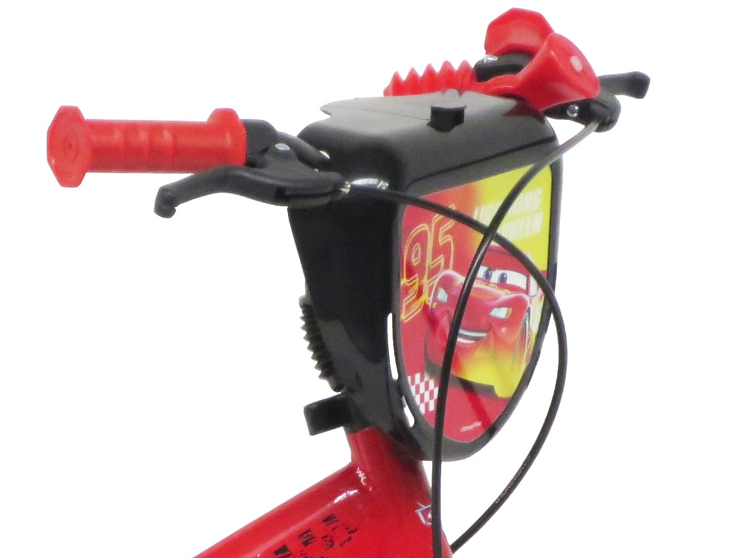 Vélo 12'' Cars MC Queen équipé de 2 Freins, Plaque Avant décorative, Garde boues, Carter et stabilisateurs + Bidon et Porte Bidon arrière.