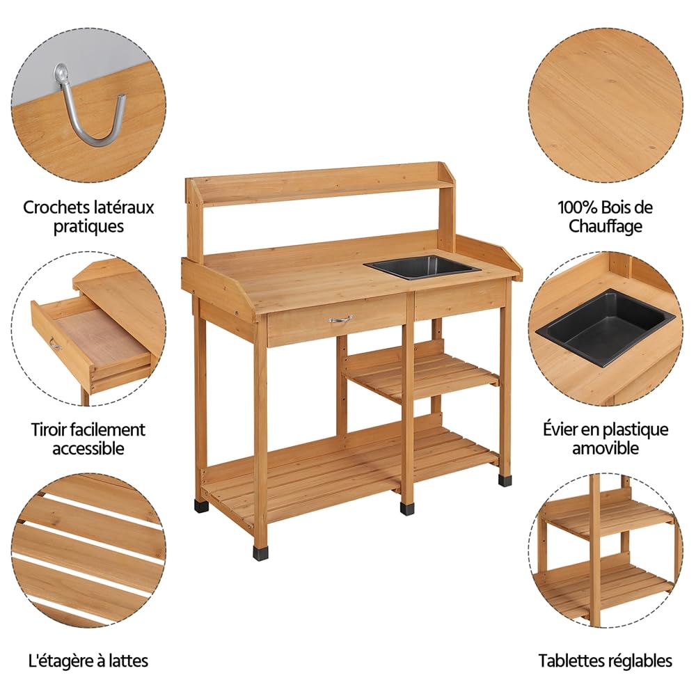 Yaheetech Table de Préparation pour Semis en Bois Plan de Travail avec Tiroirs Amovibles et Etagères de Rangement Couleur du Bois